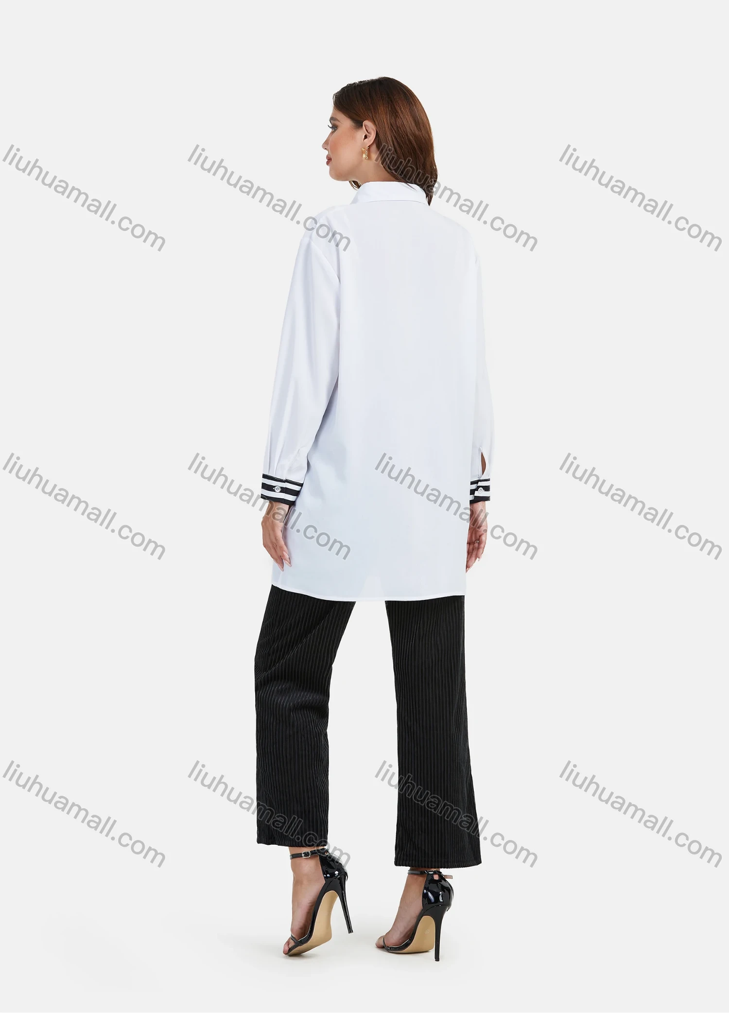 Wholesale Women's Fashion Floral & Geo Striped Print Splicing Tunic Button Down Long Sleeve Shirt - Liuhuamall