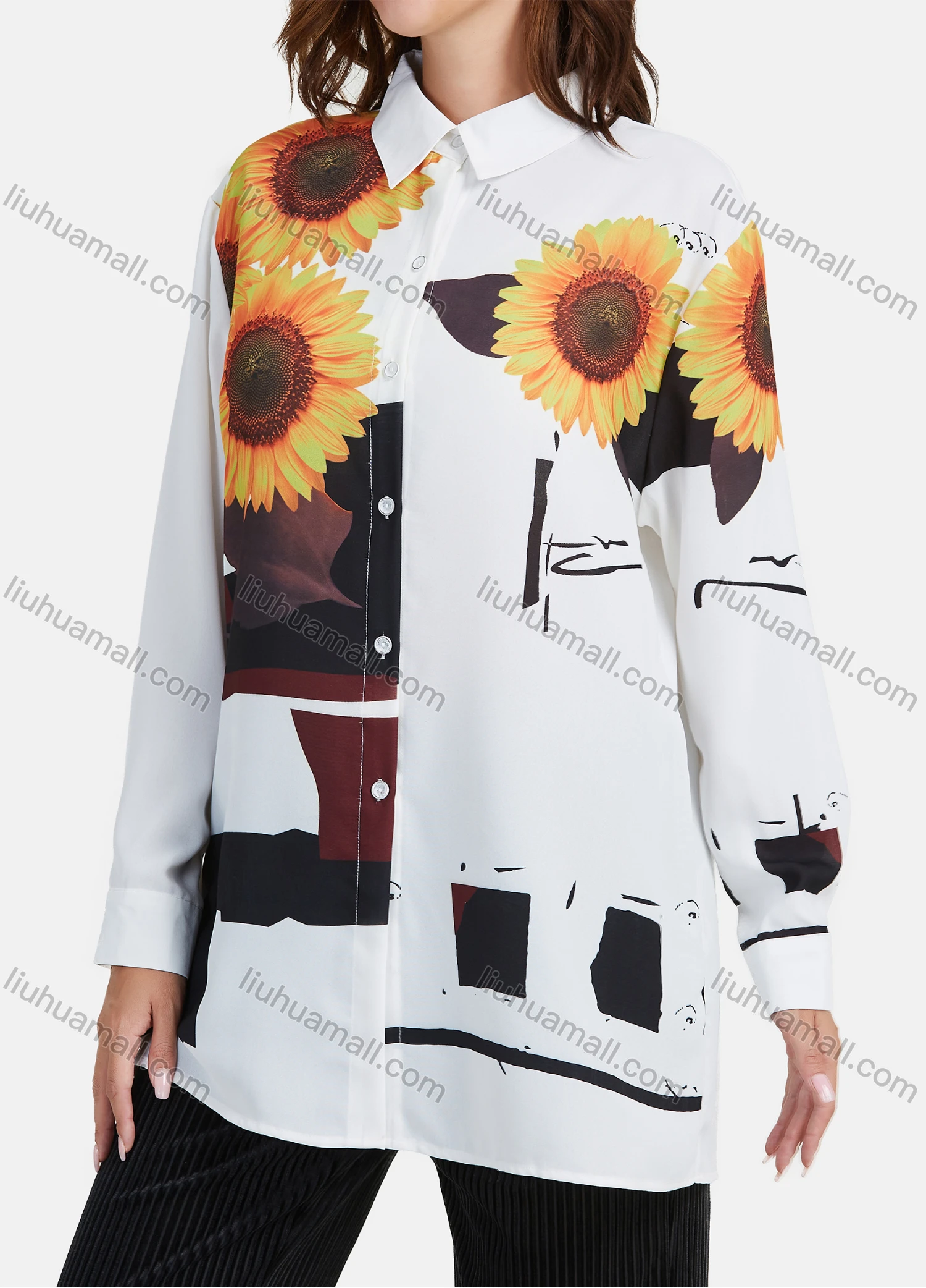 Wholesale Women's Casual Sunflower Abstract Print Splicing Tunic Button Down Long Sleeve Shirt - Liuhuamall