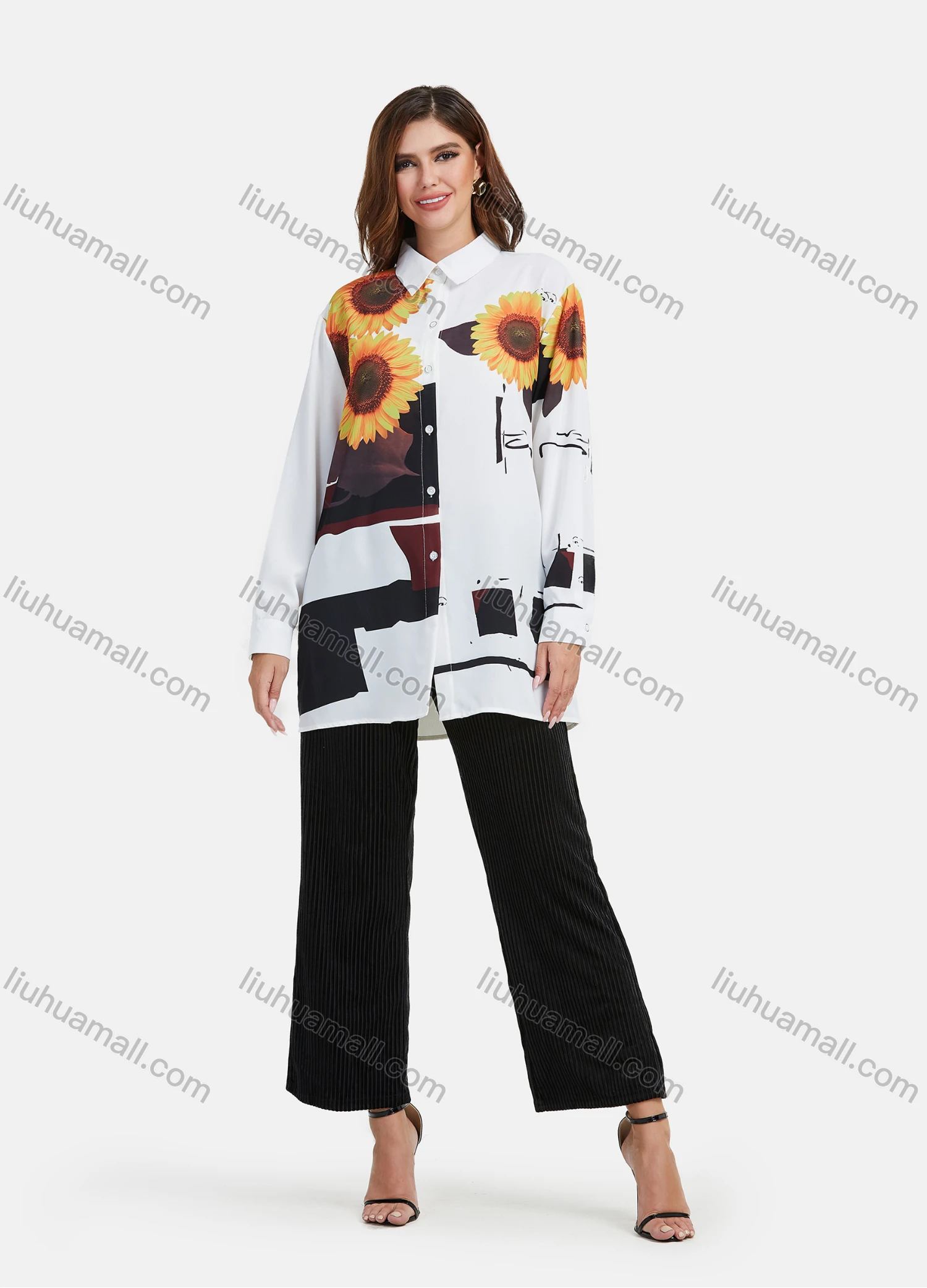 Wholesale Women's Casual Sunflower Abstract Print Splicing Tunic Button Down Long Sleeve Shirt - Liuhuamall