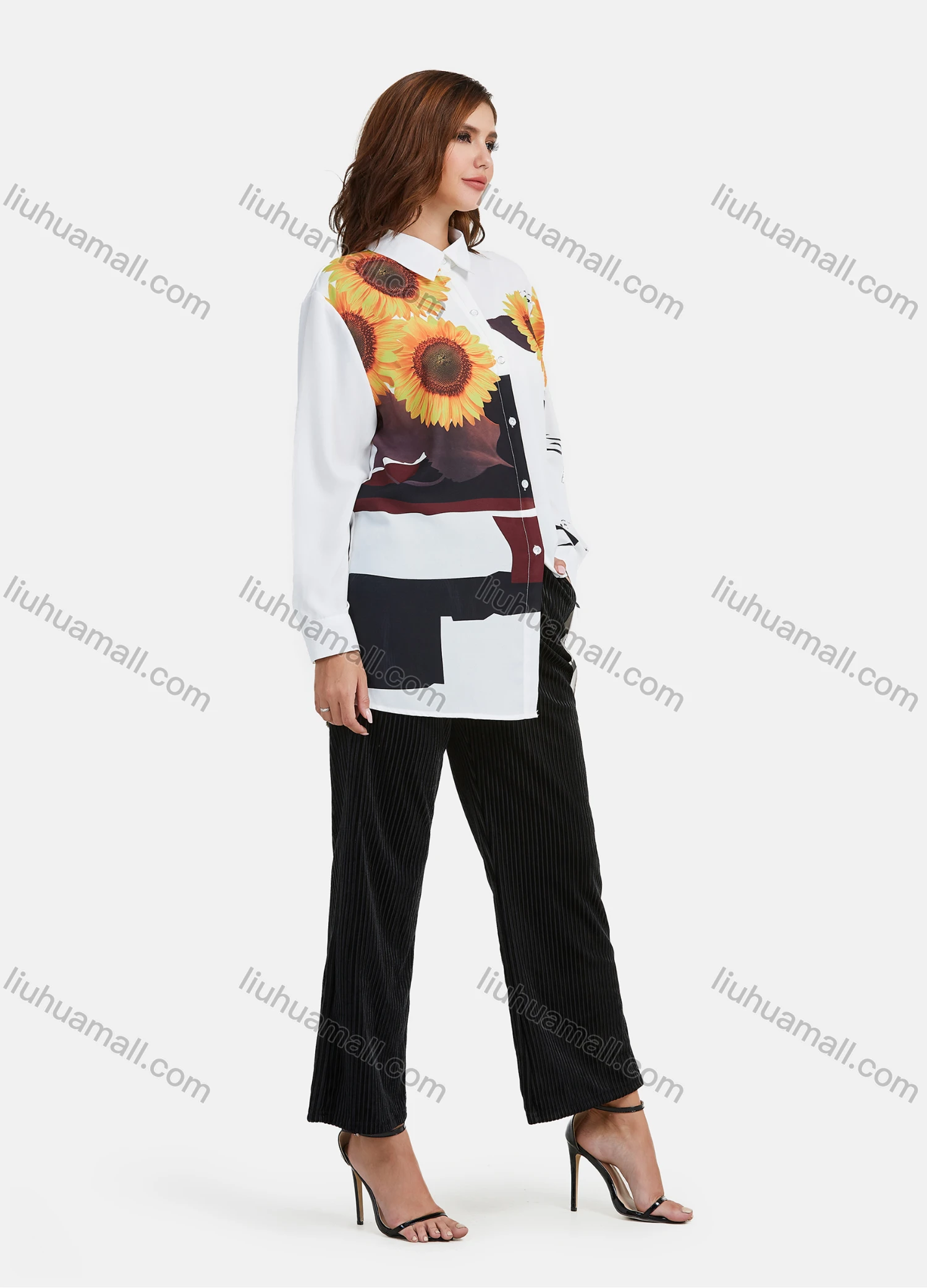 Wholesale Women's Casual Sunflower Abstract Print Splicing Tunic Button Down Long Sleeve Shirt - Liuhuamall