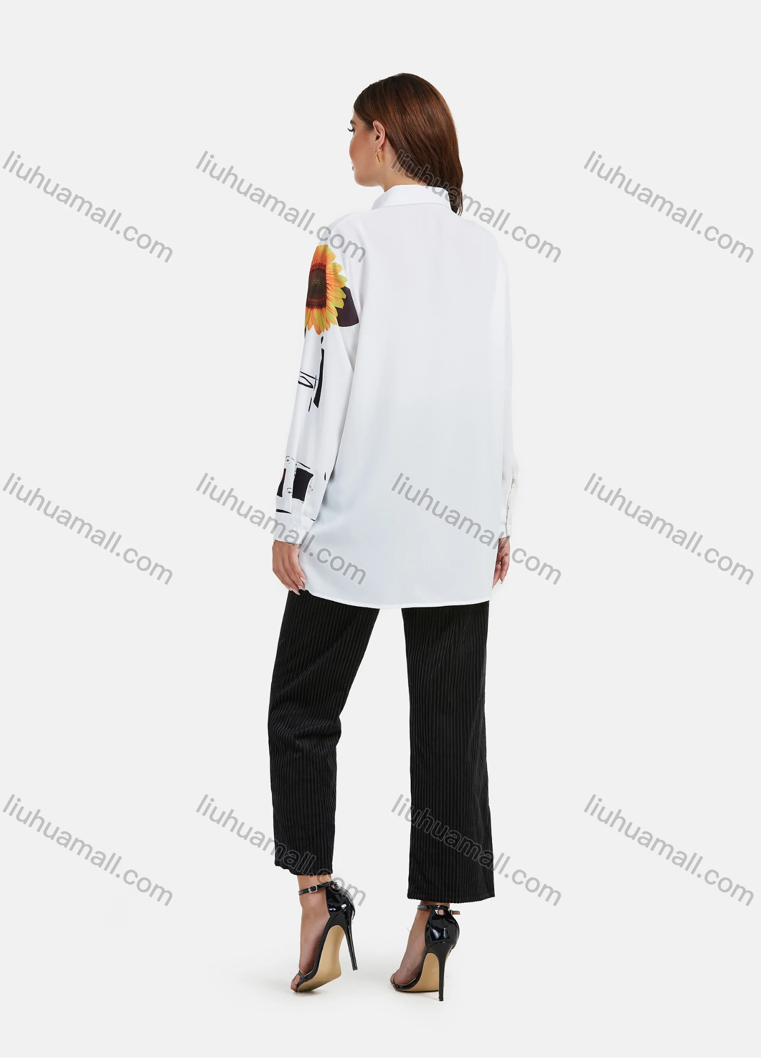 Wholesale Women's Casual Sunflower Abstract Print Splicing Tunic Button Down Long Sleeve Shirt - Liuhuamall