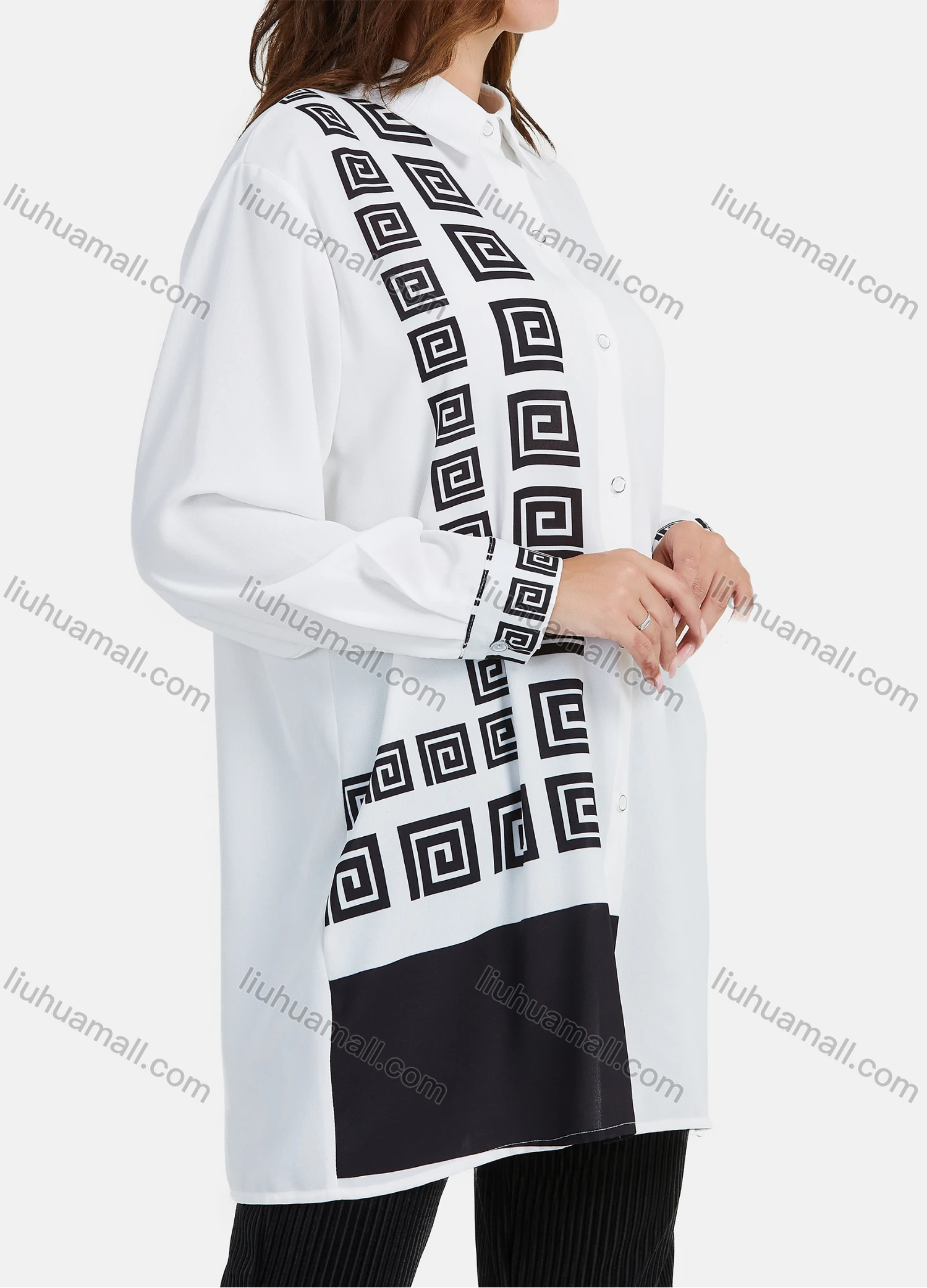Wholesale Women's Casual Geometric Print Splicing Tunic Button Down Long Sleeve Shirt - Liuhuamall