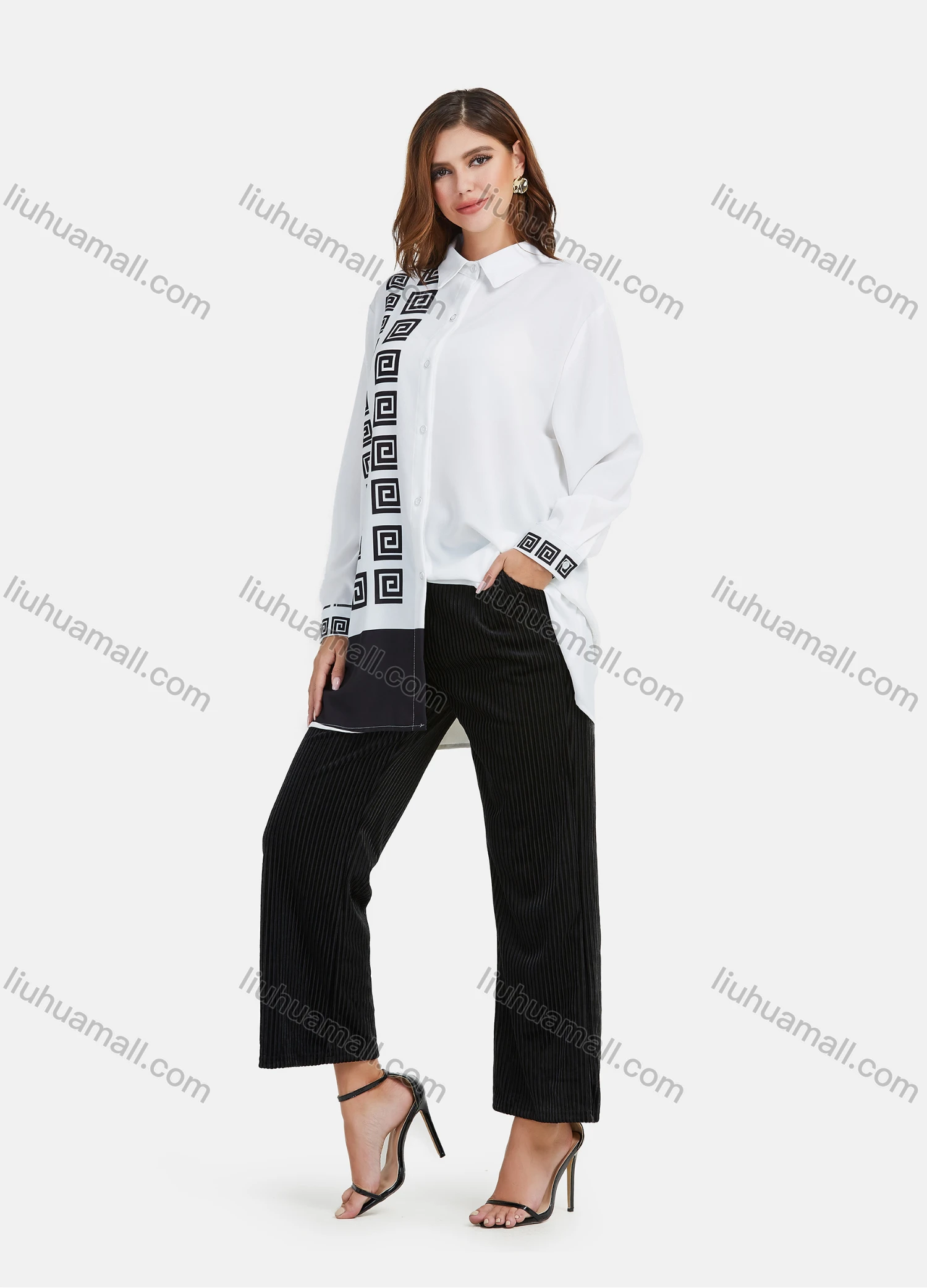 Wholesale Women's Casual Geometric Print Splicing Tunic Button Down Long Sleeve Shirt - Liuhuamall