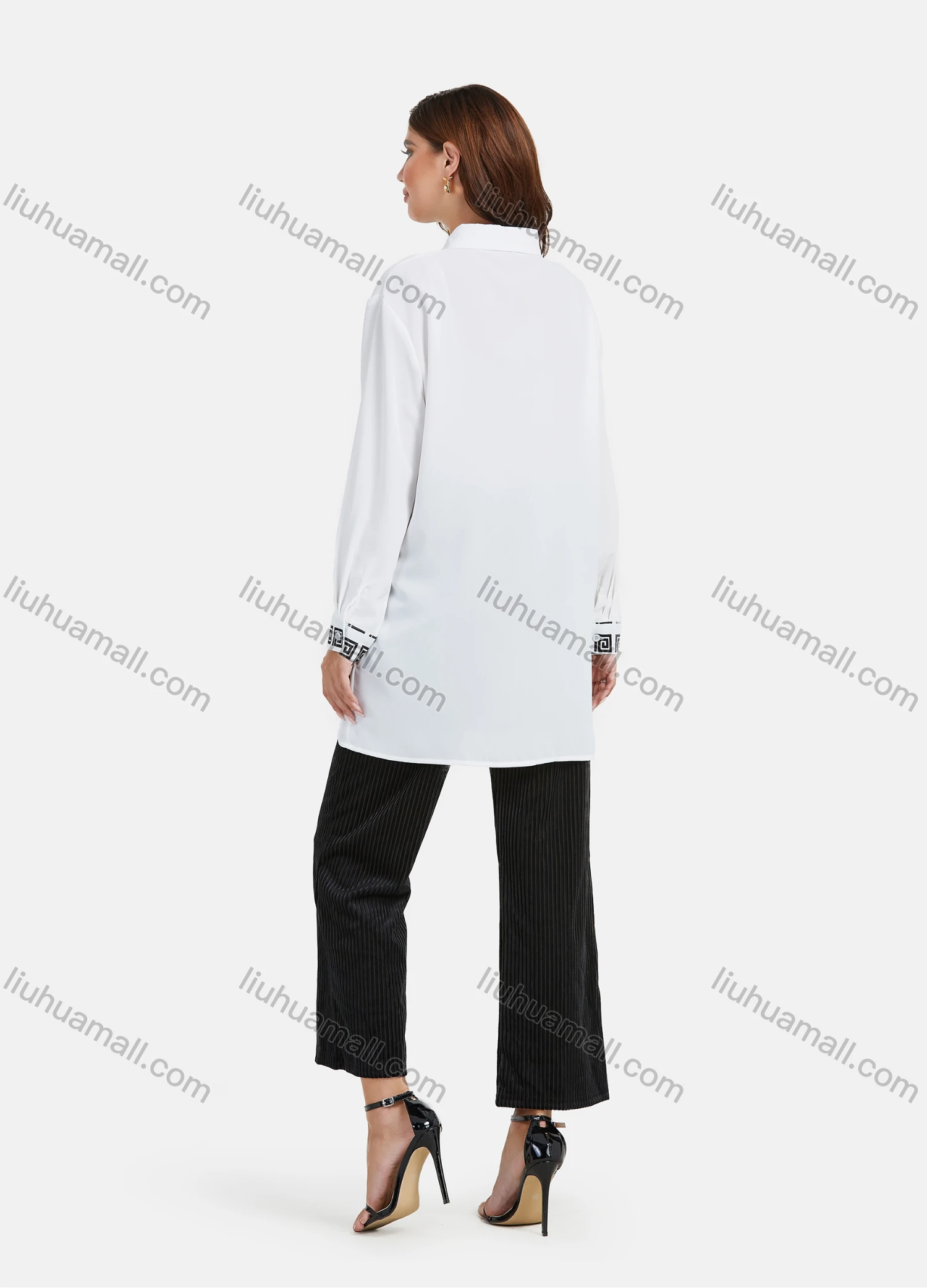 Wholesale Women's Casual Geometric Print Splicing Tunic Button Down Long Sleeve Shirt - Liuhuamall