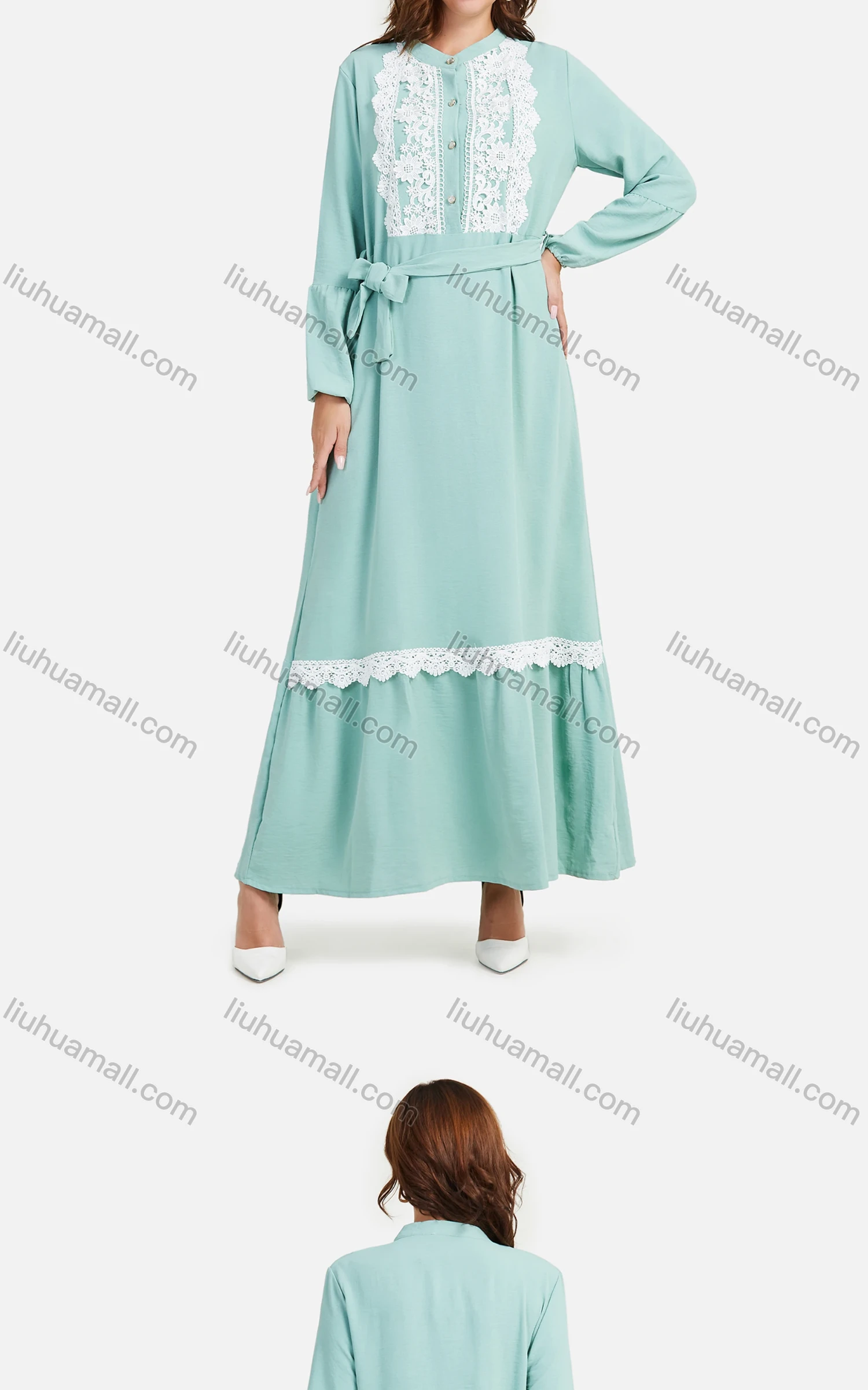 Wholesale Women's Casual Plain Ruched Plain Guipure Lace Button Front Maxi Dress With Belt - Liuhuamall