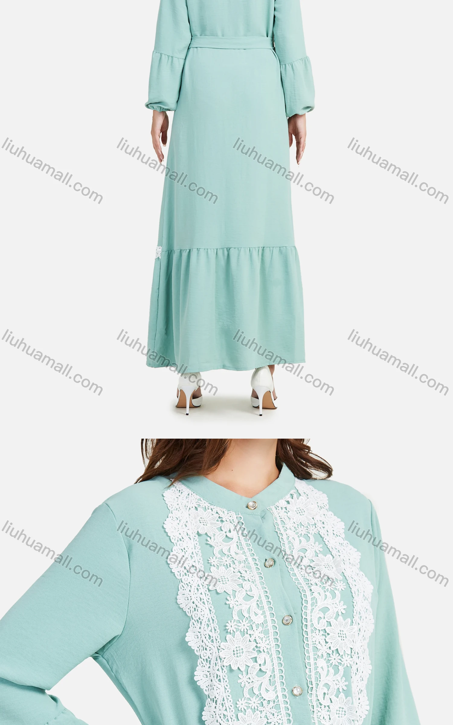 Wholesale Women's Casual Plain Ruched Plain Guipure Lace Button Front Maxi Dress With Belt - Liuhuamall