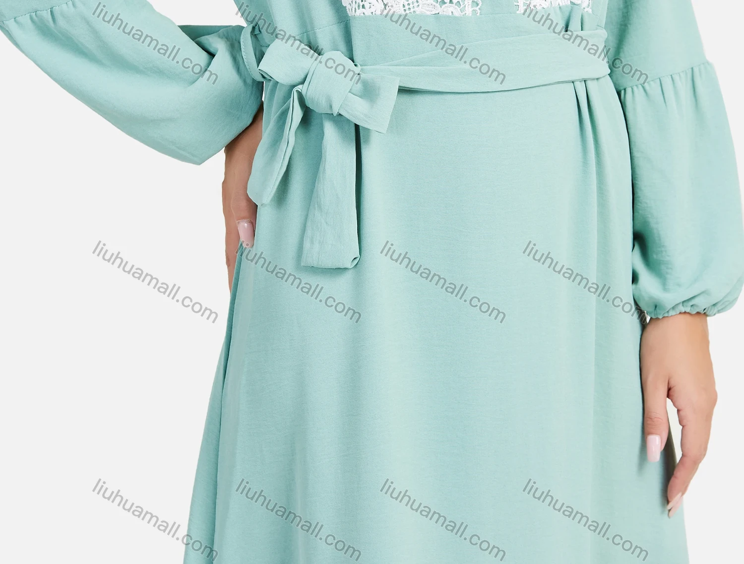 Wholesale Women's Casual Plain Ruched Plain Guipure Lace Button Front Maxi Dress With Belt - Liuhuamall