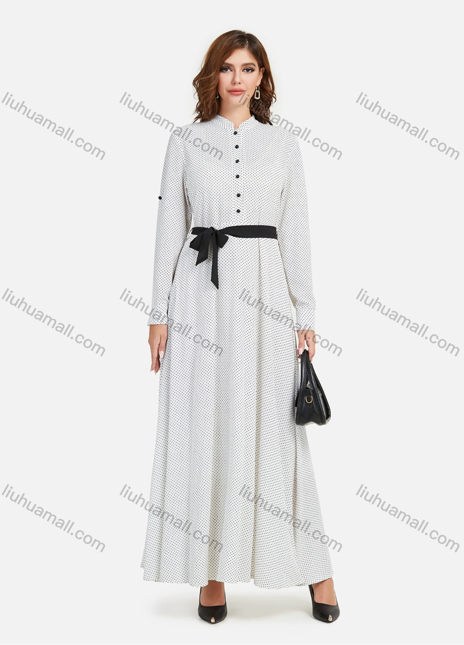 Wholesale Women's Casual Pin Dot Stand Collar Button Front Buckle Strap Cuff Long Sleeve Maxi Dress With Belt - Liuhuamall
