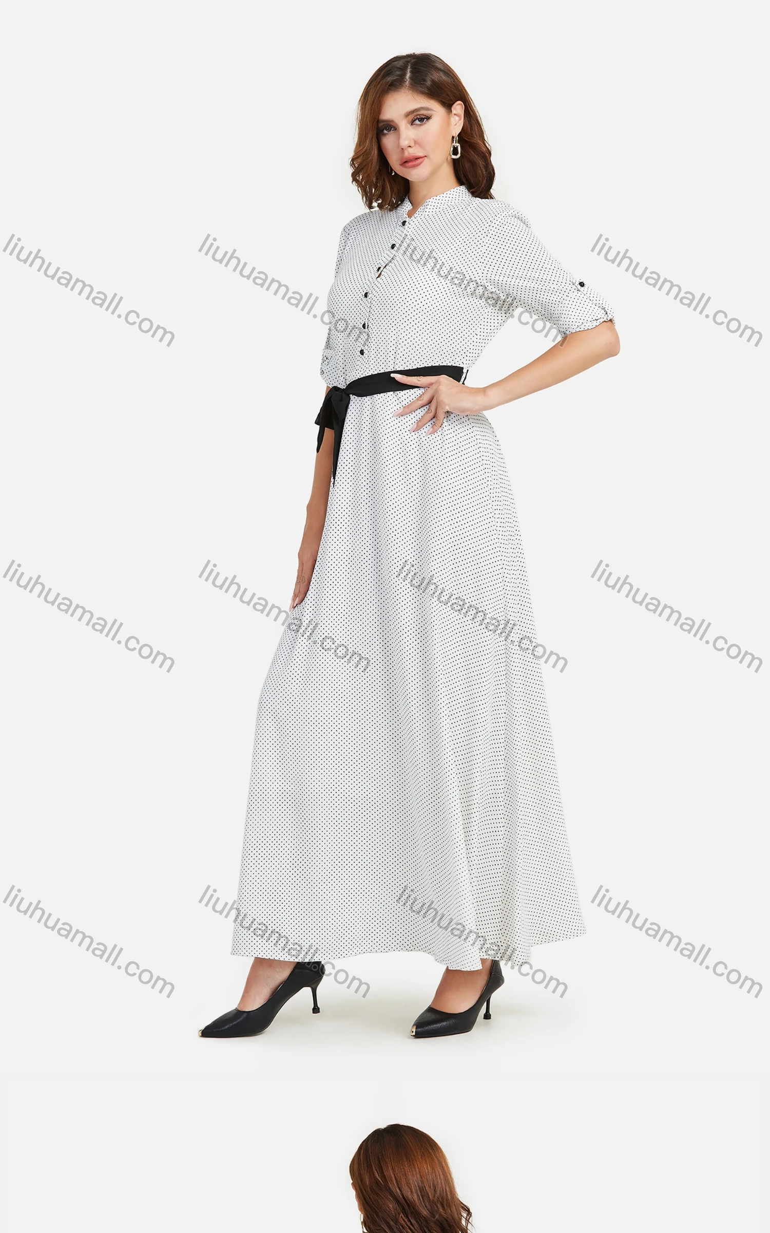 Wholesale Women's Casual Pin Dot Stand Collar Button Front Buckle Strap Cuff Long Sleeve Maxi Dress With Belt - Liuhuamall