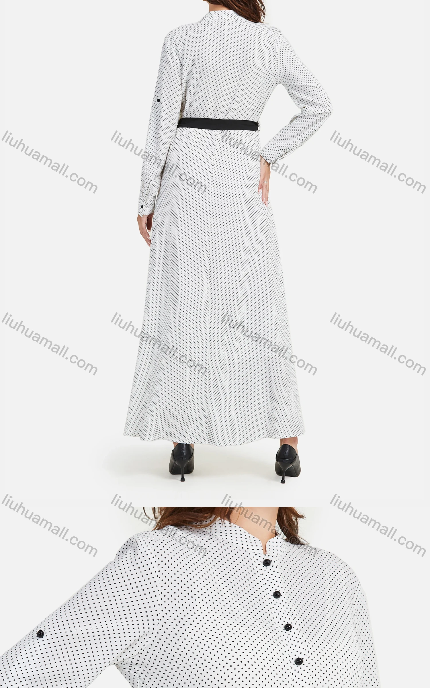 Wholesale Women's Casual Pin Dot Stand Collar Button Front Buckle Strap Cuff Long Sleeve Maxi Dress With Belt - Liuhuamall