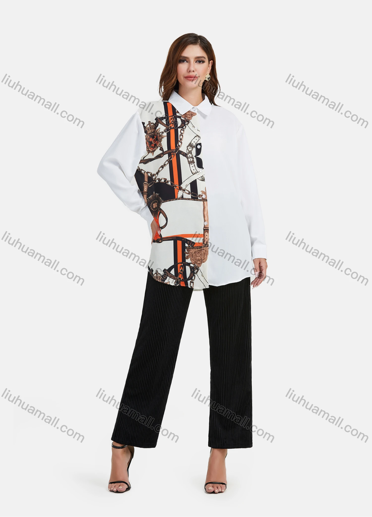 Wholesale Women's Casual Chain Print Splicing Tunic Button Down Long Sleeve Shirt - Liuhuamall