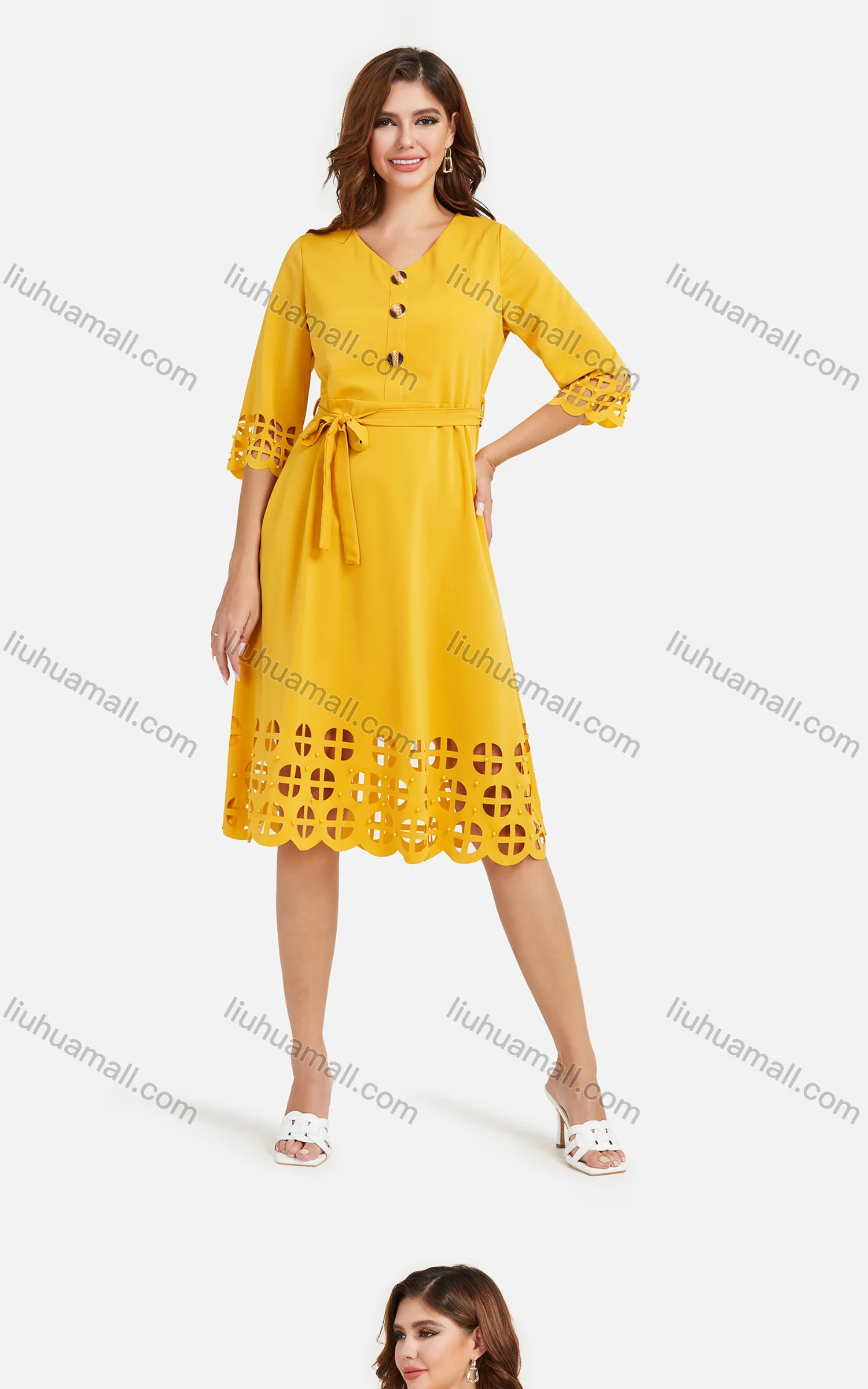 Wholesale Women's Casual Plain Pearl Decor V Neck 3/4 Sleeve Button Front Cut Out Midi Dress With Belt - Liuhuamall
