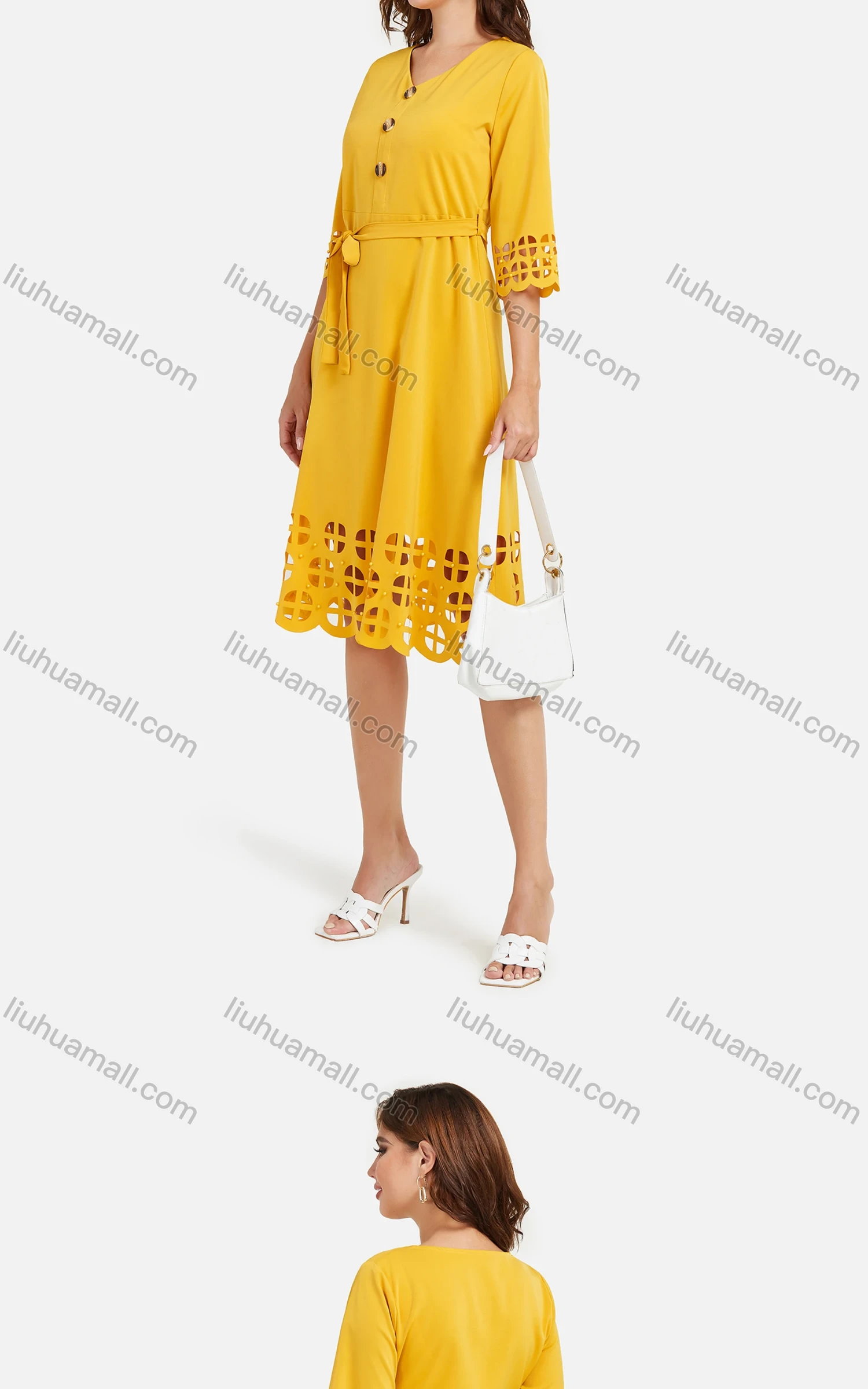 Wholesale Women's Casual Plain Pearl Decor V Neck 3/4 Sleeve Button Front Cut Out Midi Dress With Belt - Liuhuamall