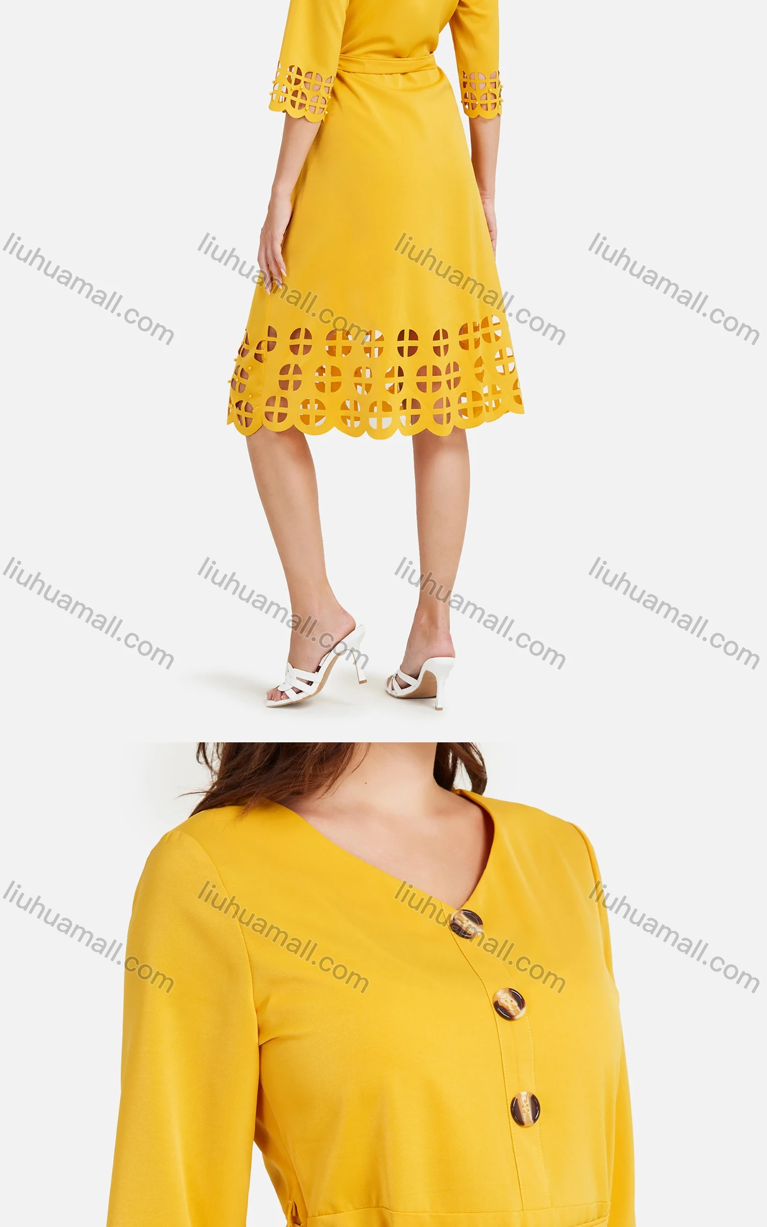 Wholesale Women's Casual Plain Pearl Decor V Neck 3/4 Sleeve Button Front Cut Out Midi Dress With Belt - Liuhuamall