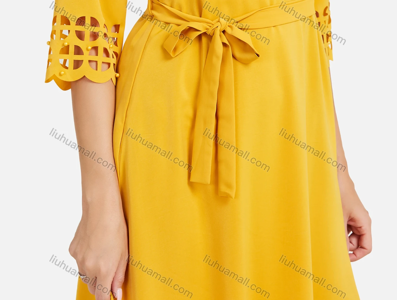 Wholesale Women's Casual Plain Pearl Decor V Neck 3/4 Sleeve Button Front Cut Out Midi Dress With Belt - Liuhuamall