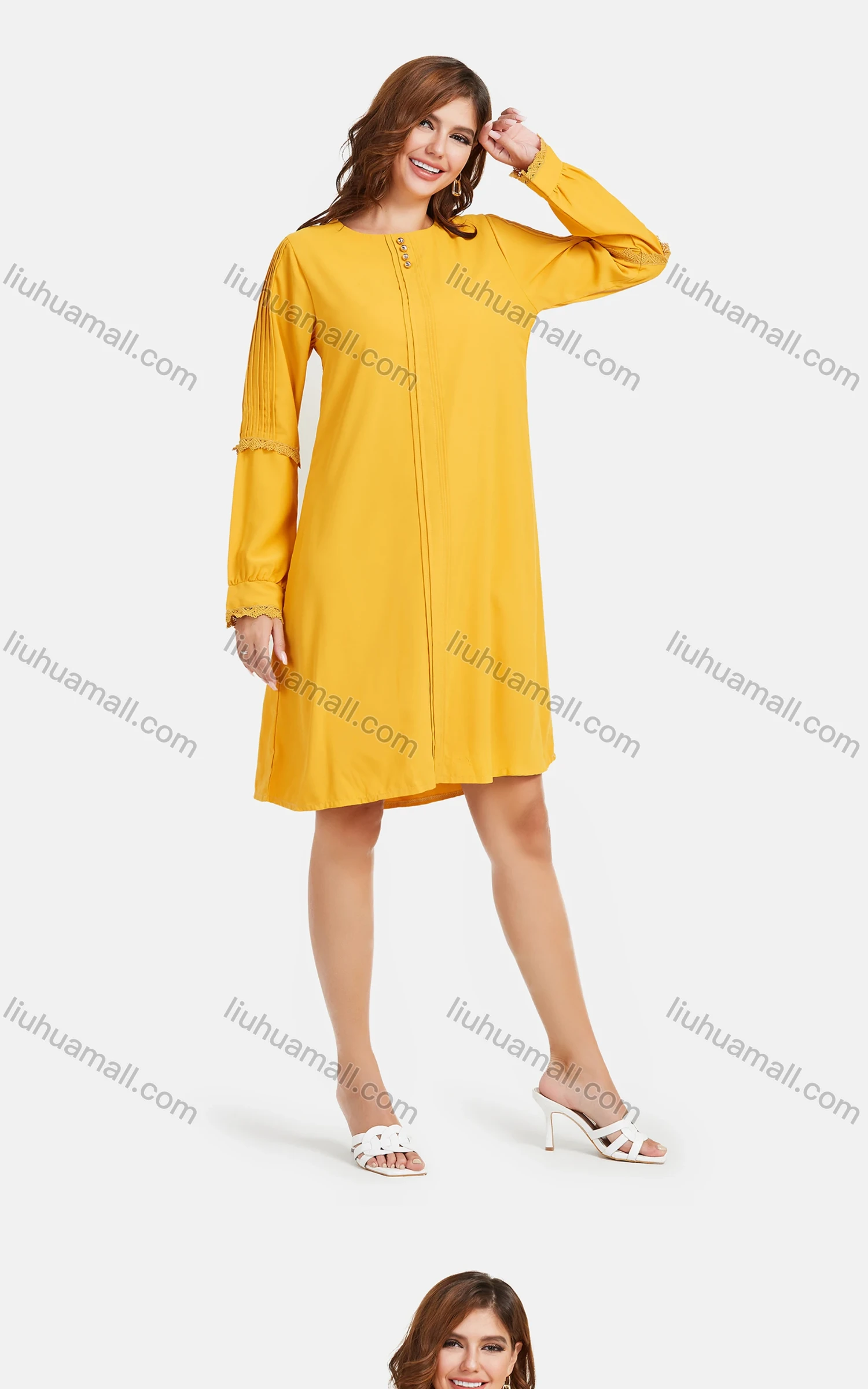 Wholesale Women's Casual Round Neck Pearl Decor Pleated Lace Trim Ruched Long Sleeve Knee Length Dress - Liuhuamall