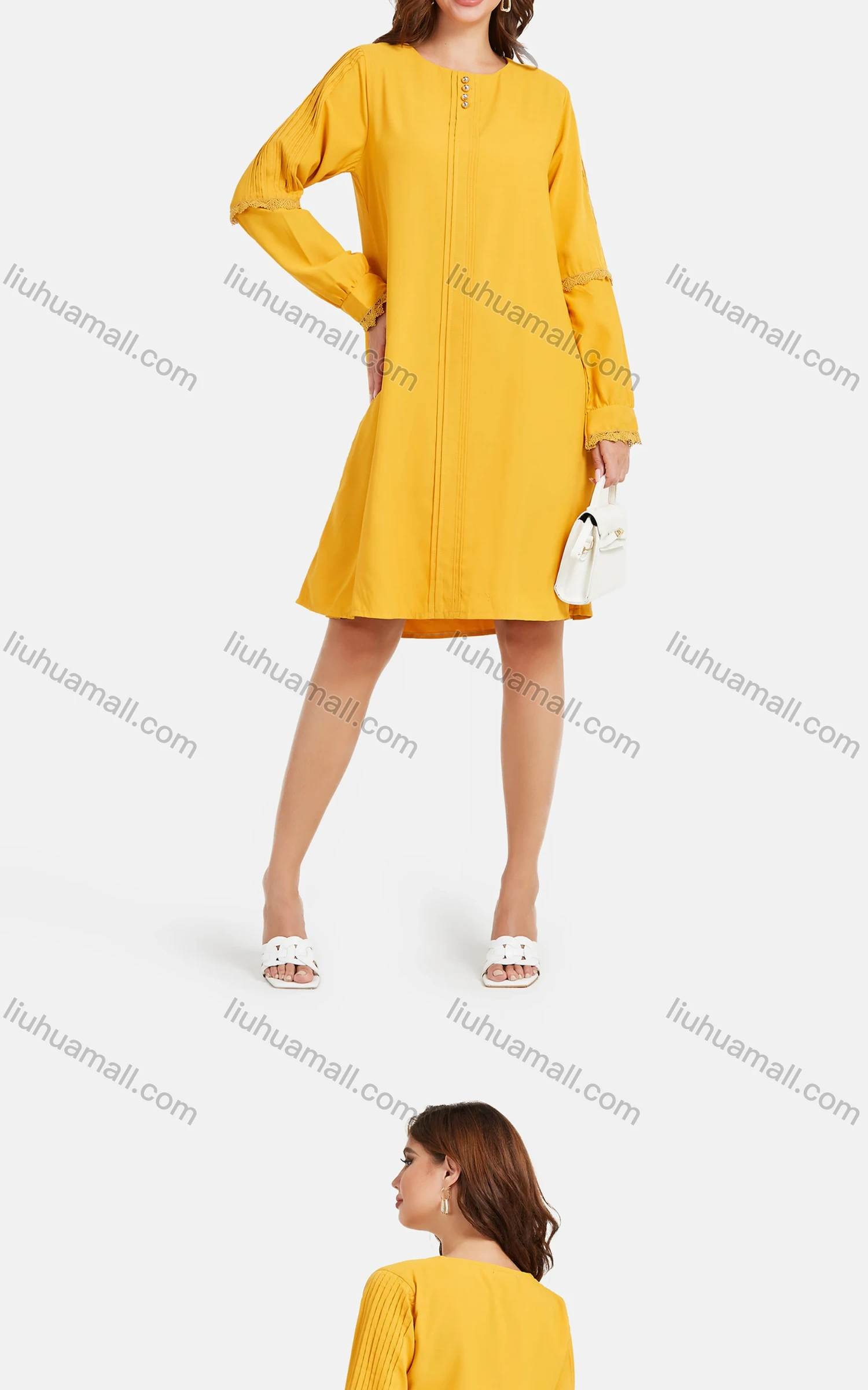 Wholesale Women's Casual Round Neck Pearl Decor Pleated Lace Trim Ruched Long Sleeve Knee Length Dress - Liuhuamall