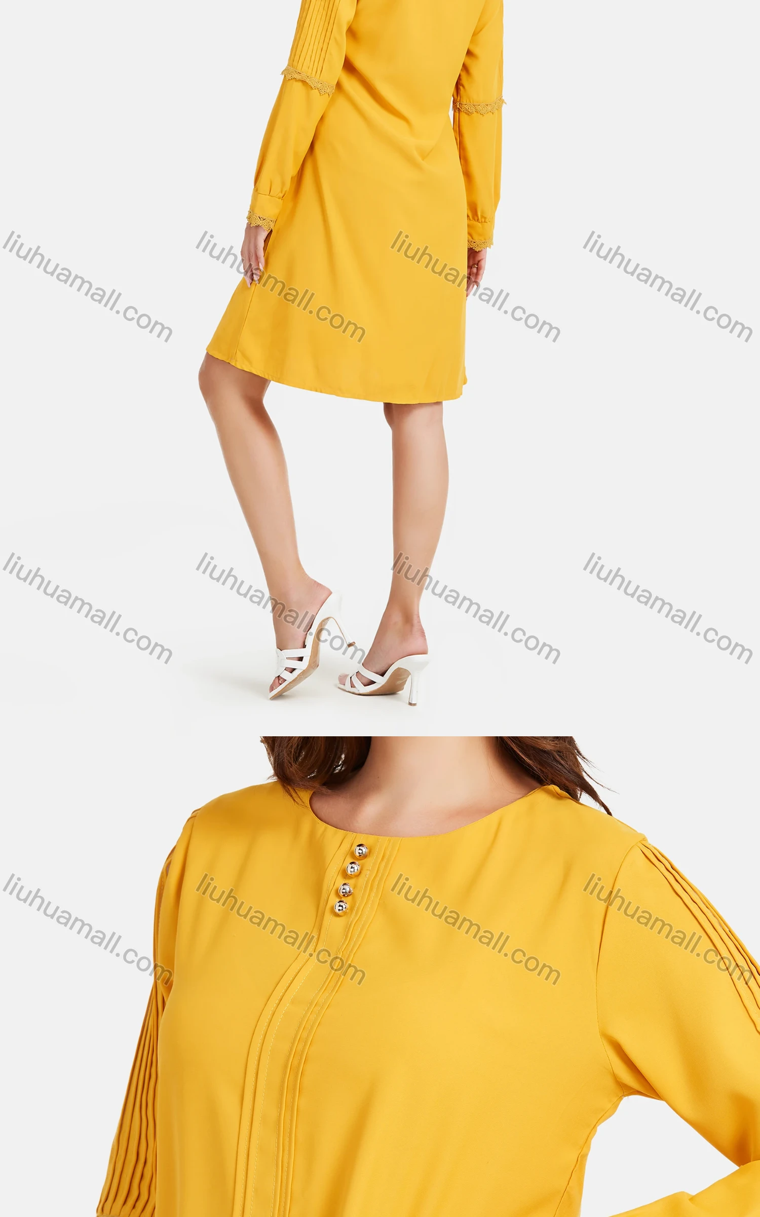 Wholesale Women's Casual Round Neck Pearl Decor Pleated Lace Trim Ruched Long Sleeve Knee Length Dress - Liuhuamall