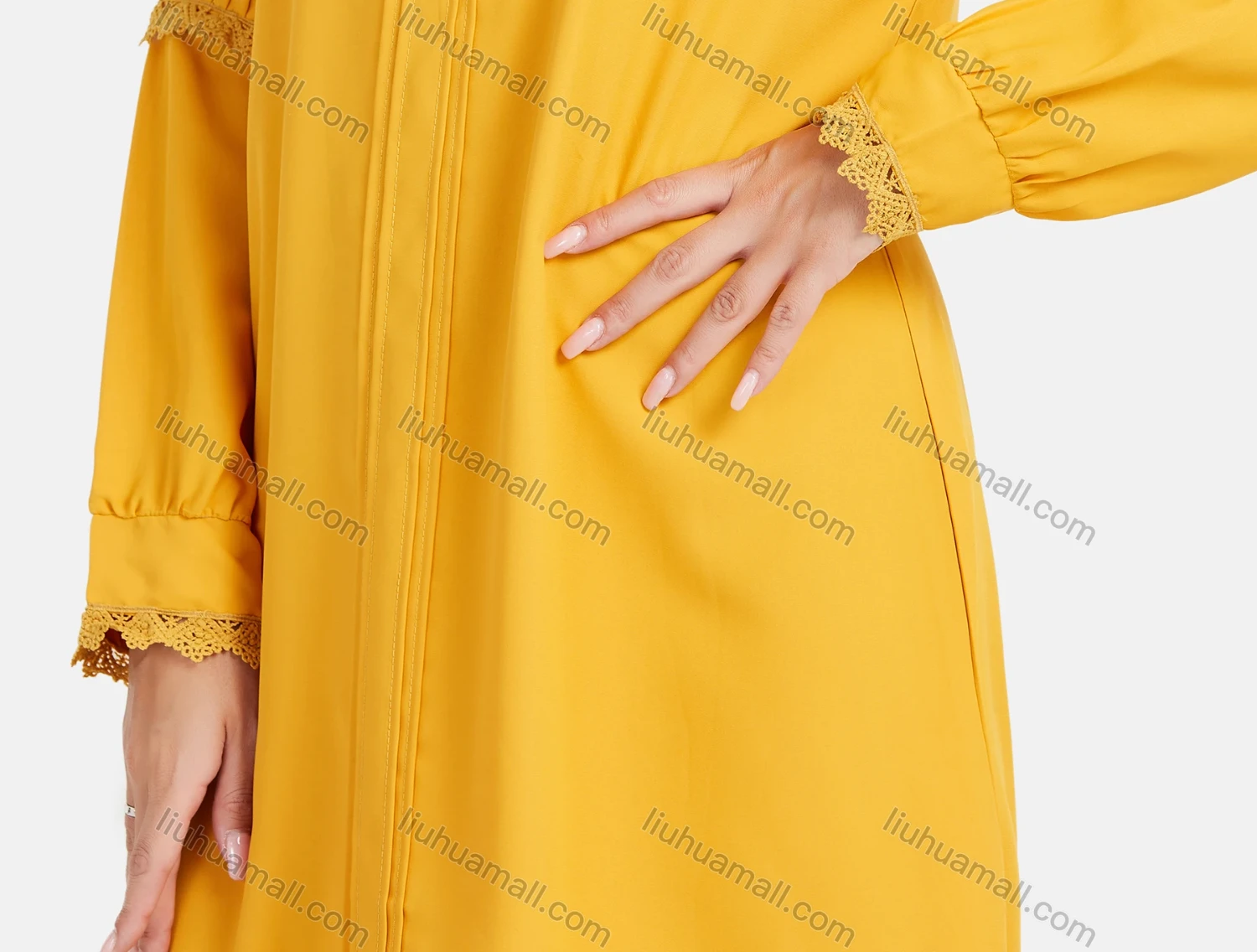 Wholesale Women's Casual Round Neck Pearl Decor Pleated Lace Trim Ruched Long Sleeve Knee Length Dress - Liuhuamall