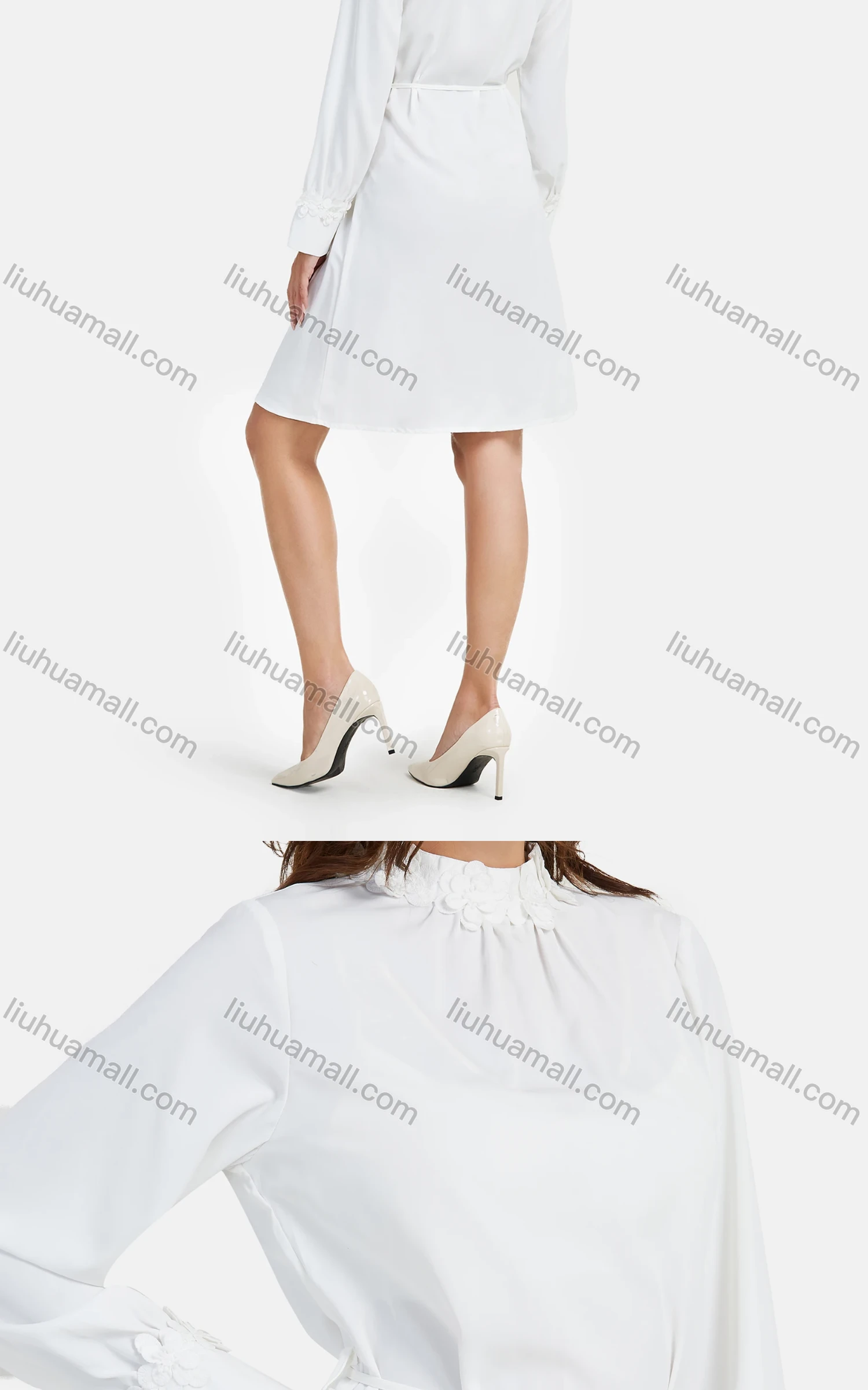 Wholesale Women's Casual Plain Mock Neck 3D Floral Ruched Long Sleeve Knee Length Dress With Belt - Liuhuamall