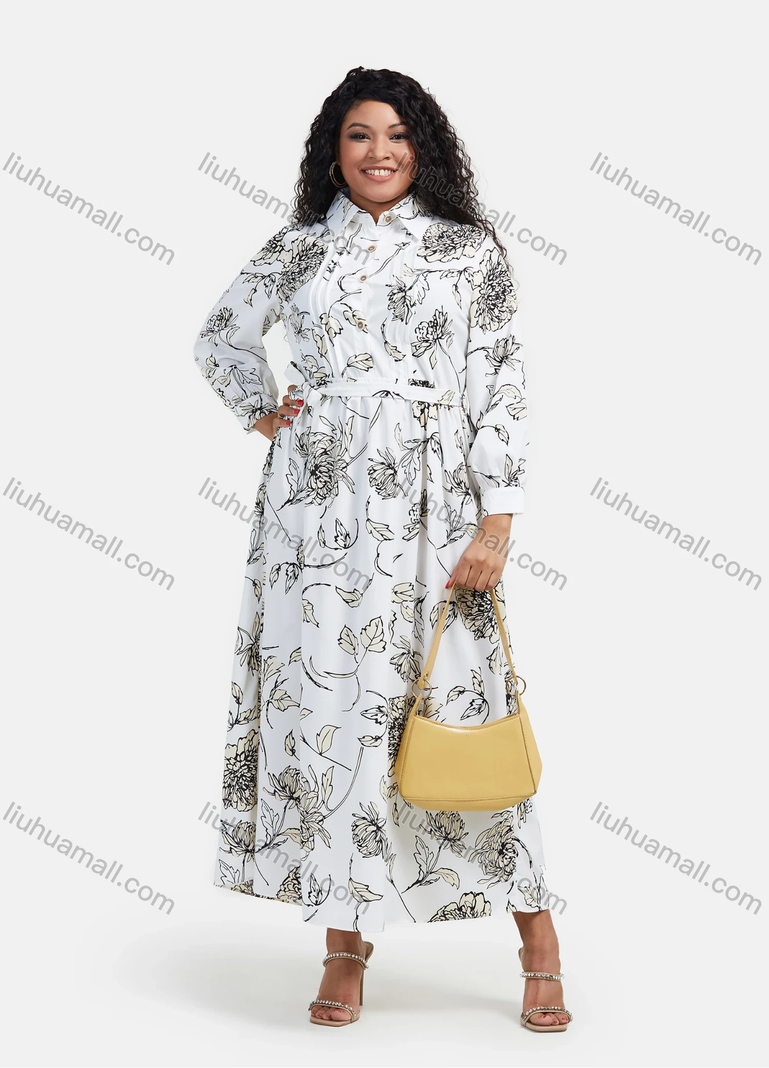 Wholesale Women's Casual Floral Print Collar Long Sleeve Button Front Maxi Shirt Dress With Belt - Liuhuamall