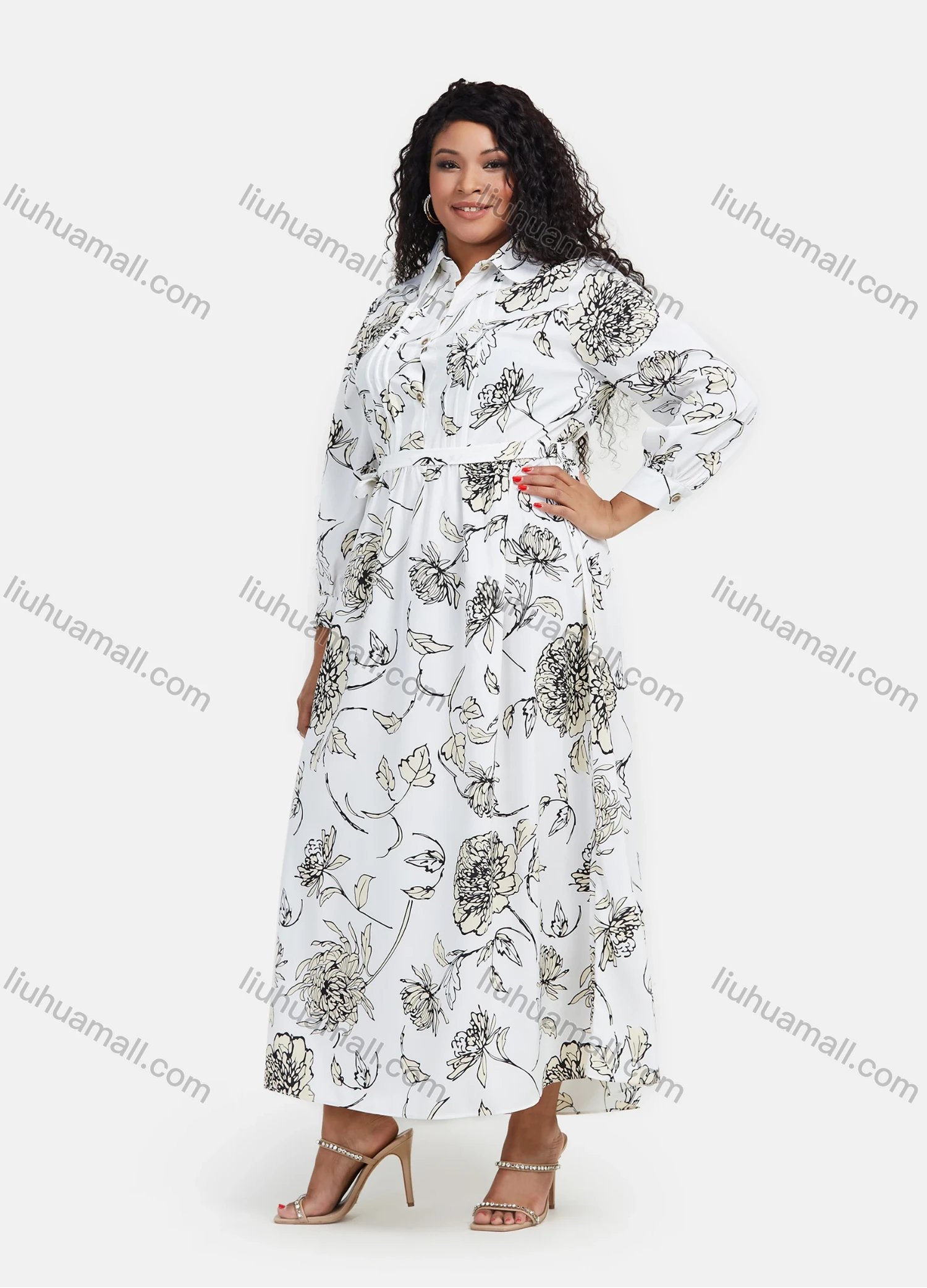 Wholesale Women's Casual Floral Print Collar Long Sleeve Button Front Maxi Shirt Dress With Belt - Liuhuamall