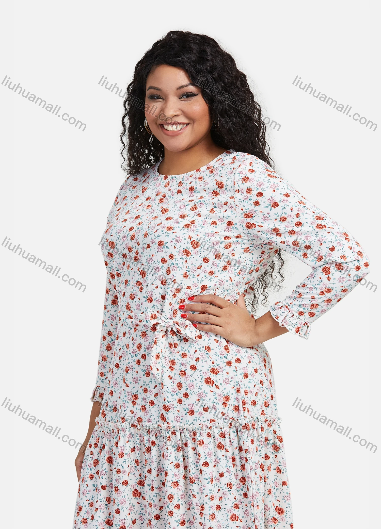 Wholesale Women's Casual Floral Print Round Neck Long Sleeve Ruffle Hem Maxi Dress With Belt - Liuhuamall