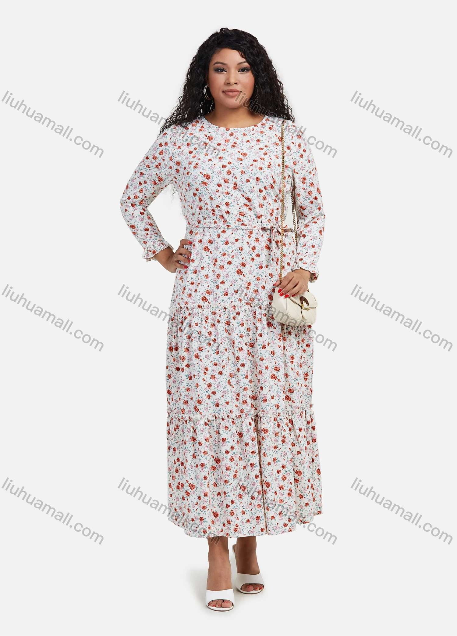 Wholesale Women's Casual Floral Print Round Neck Long Sleeve Ruffle Hem Maxi Dress With Belt - Liuhuamall
