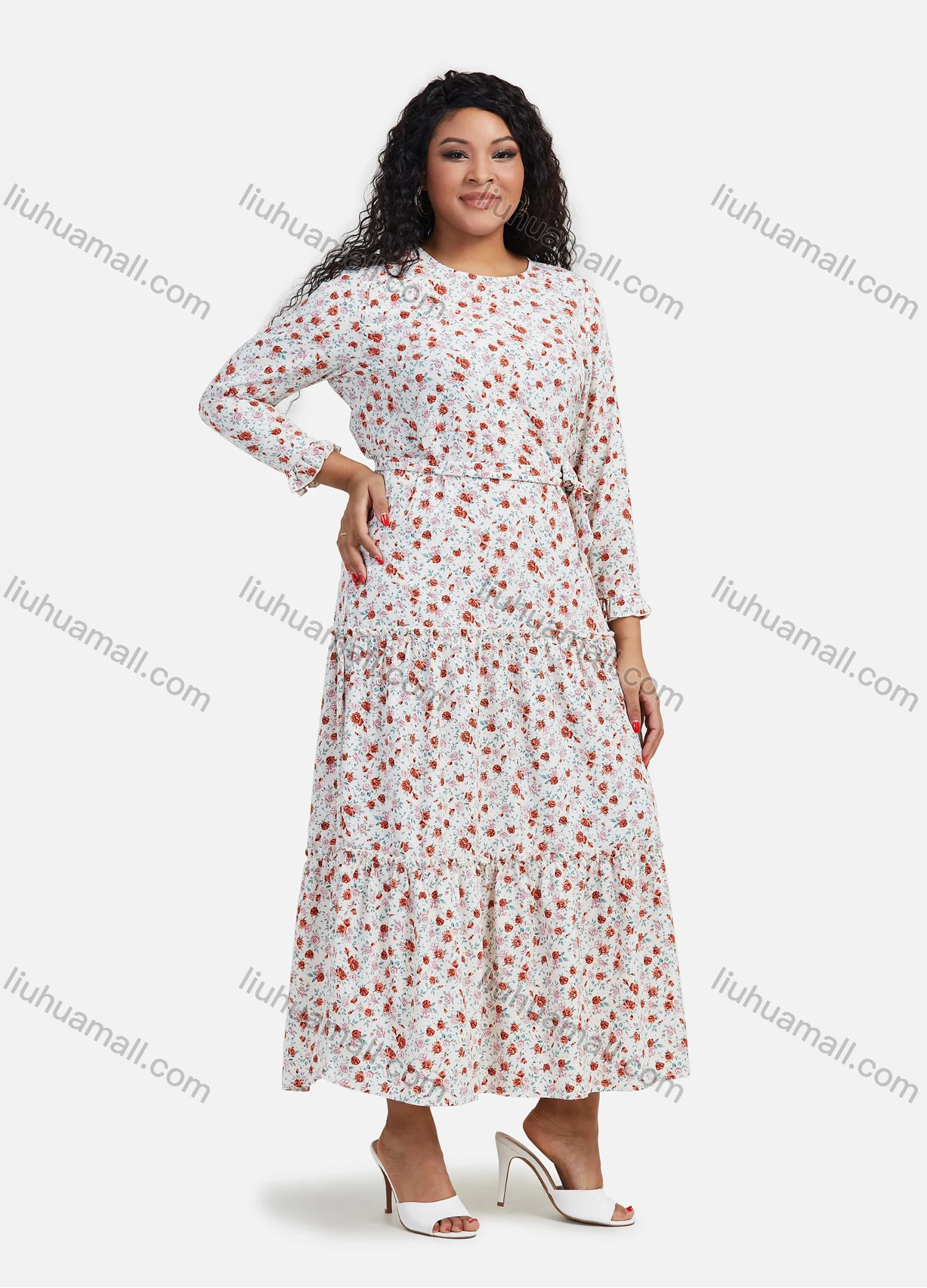 Wholesale Women's Casual Floral Print Round Neck Long Sleeve Ruffle Hem Maxi Dress With Belt - Liuhuamall