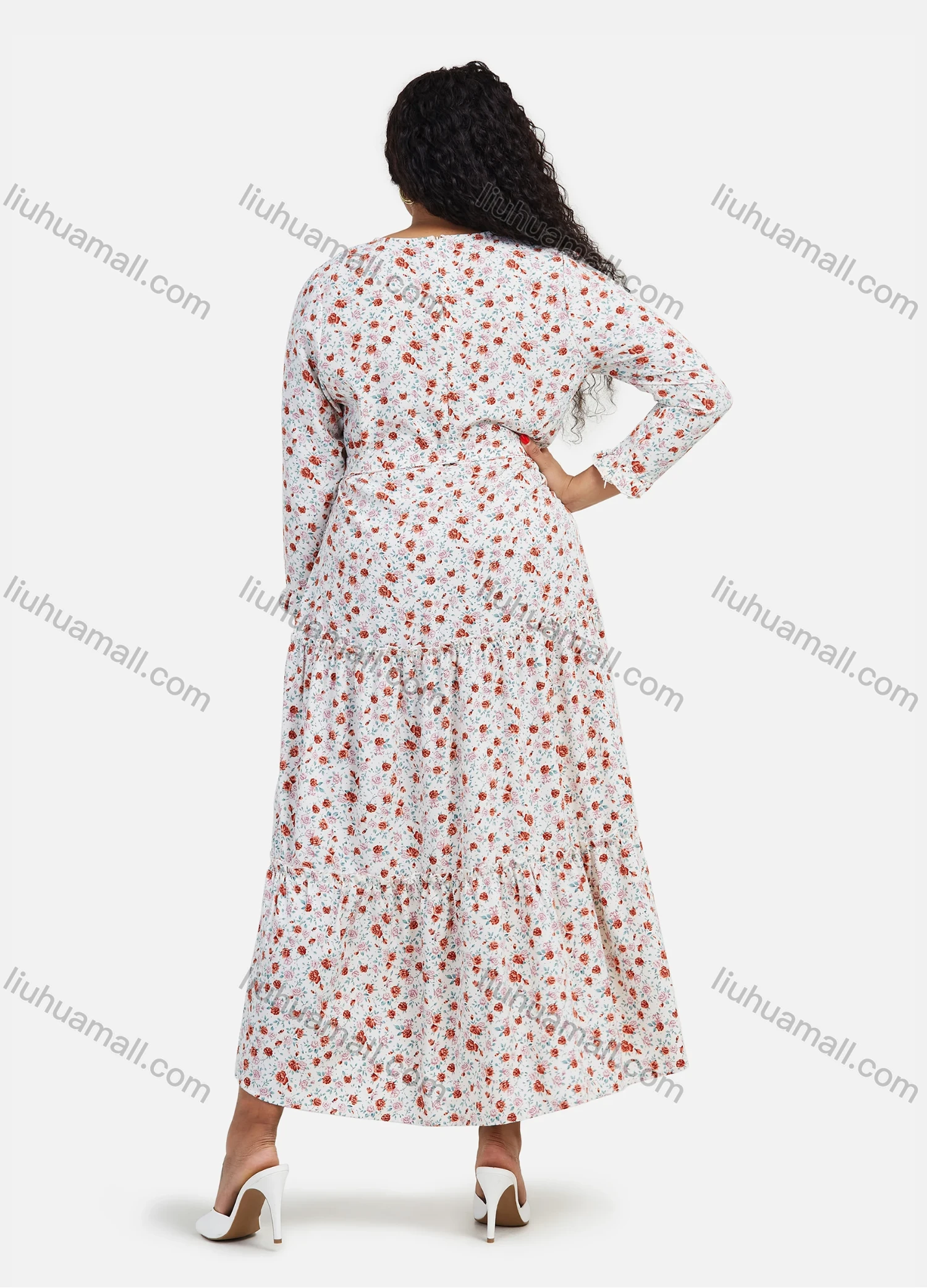 Wholesale Women's Casual Floral Print Round Neck Long Sleeve Ruffle Hem Maxi Dress With Belt - Liuhuamall