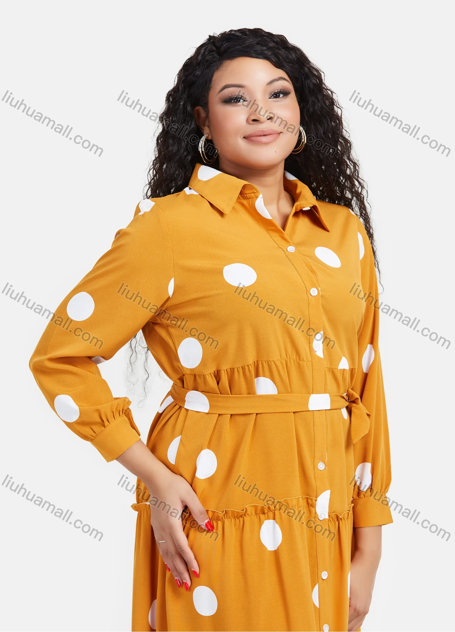 Wholesale Women's Casual Polka Dot Print Button Down Ruffle Hem Maxi Shirt Dress With Belt - Liuhuamall