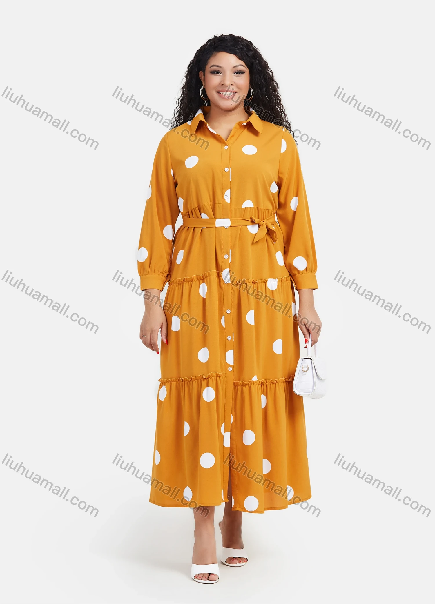 Wholesale Women's Casual Polka Dot Print Button Down Ruffle Hem Maxi Shirt Dress With Belt - Liuhuamall