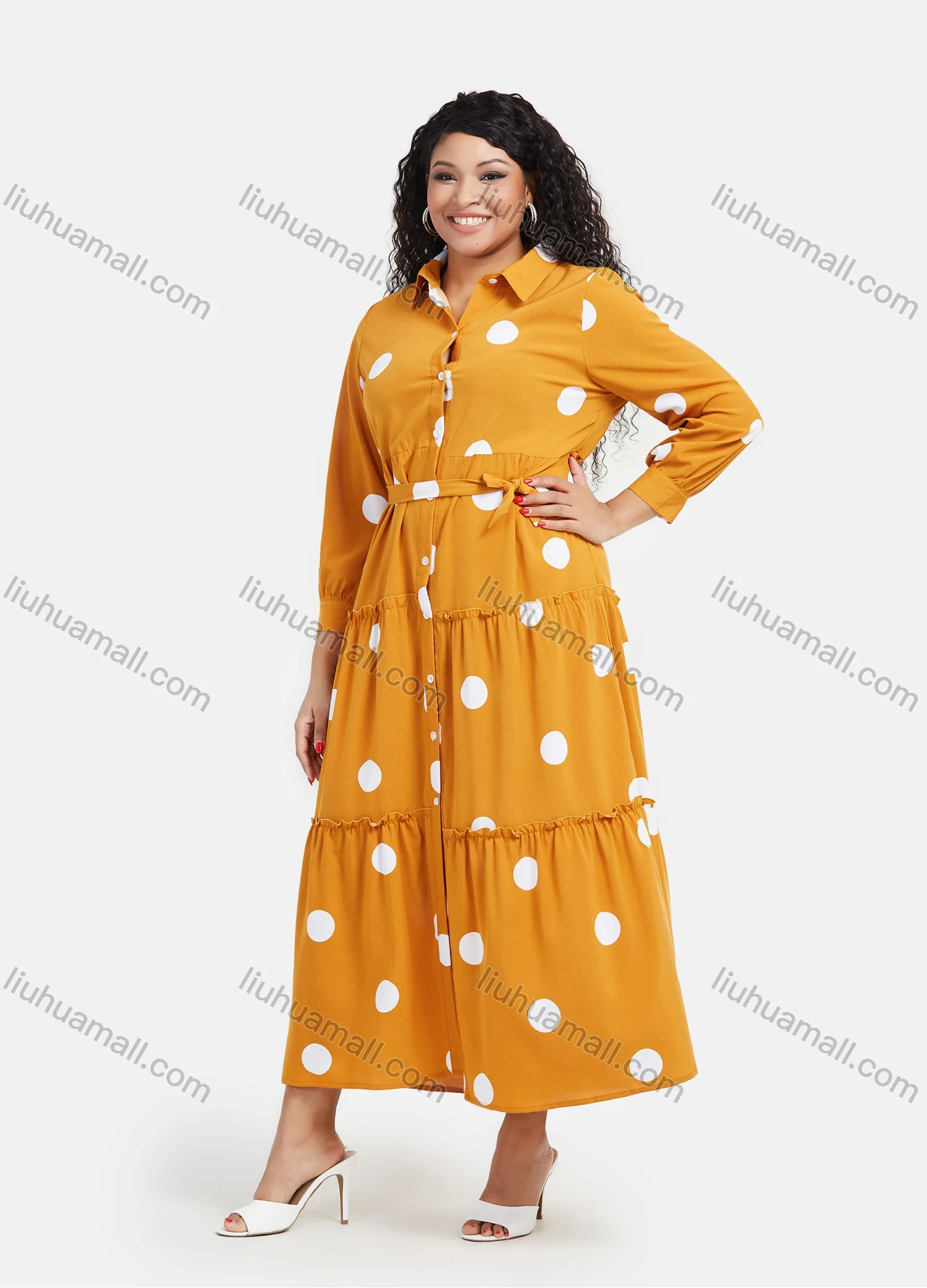 Wholesale Women's Casual Polka Dot Print Button Down Ruffle Hem Maxi Shirt Dress With Belt - Liuhuamall