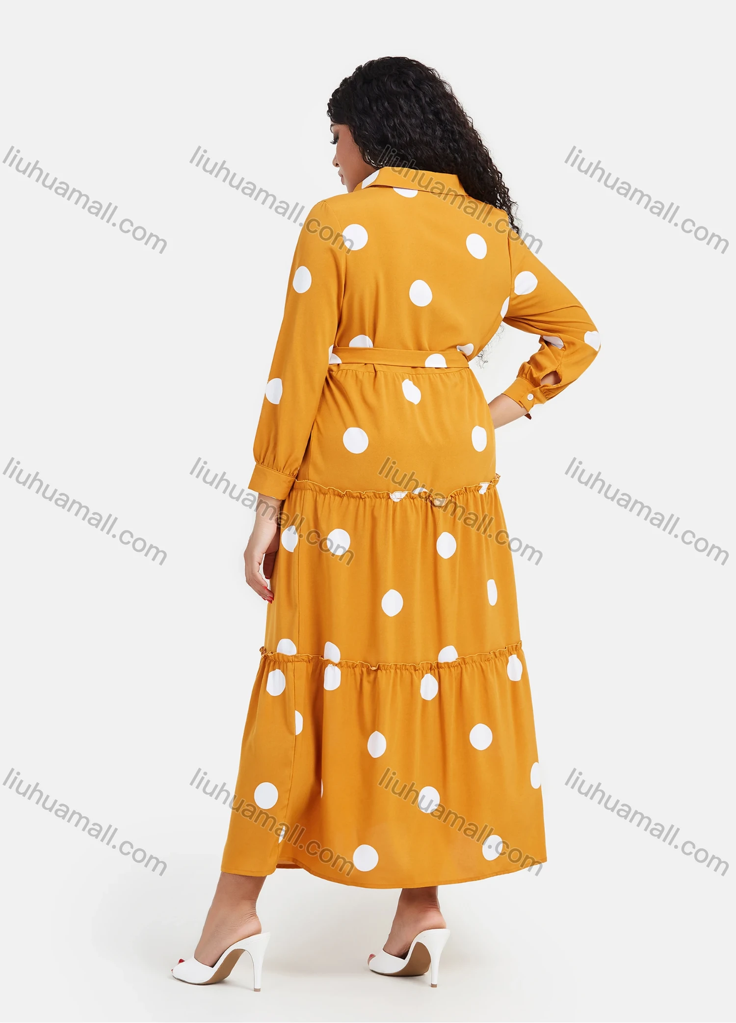 Wholesale Women's Casual Polka Dot Print Button Down Ruffle Hem Maxi Shirt Dress With Belt - Liuhuamall