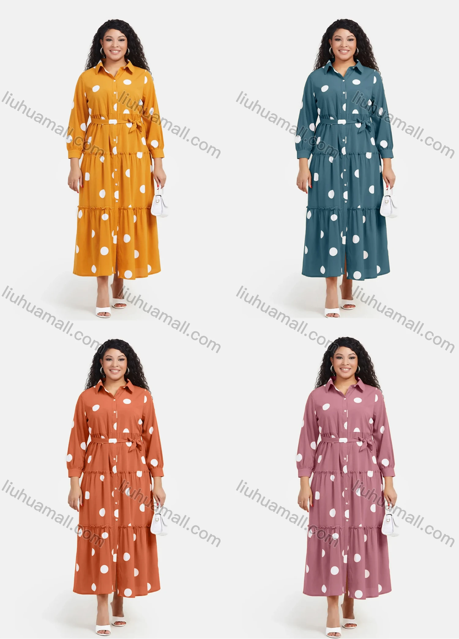 Wholesale Women's Casual Polka Dot Print Button Down Ruffle Hem Maxi Shirt Dress With Belt - Liuhuamall