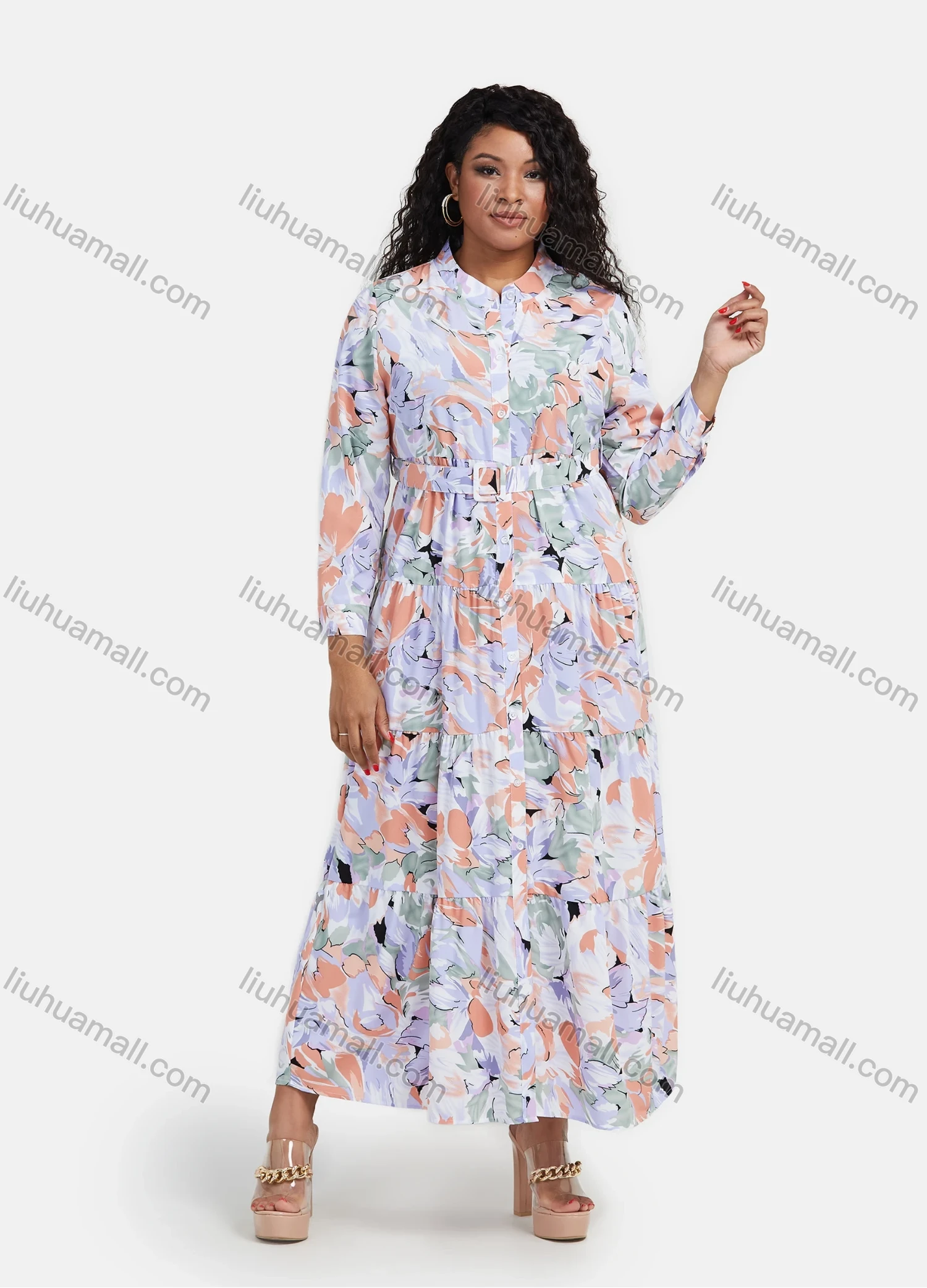 Wholesale Women's Casual Floral Print Button Down Long Sleeve Flared Hem Maxi Shirt Dress With Belt - Liuhuamall