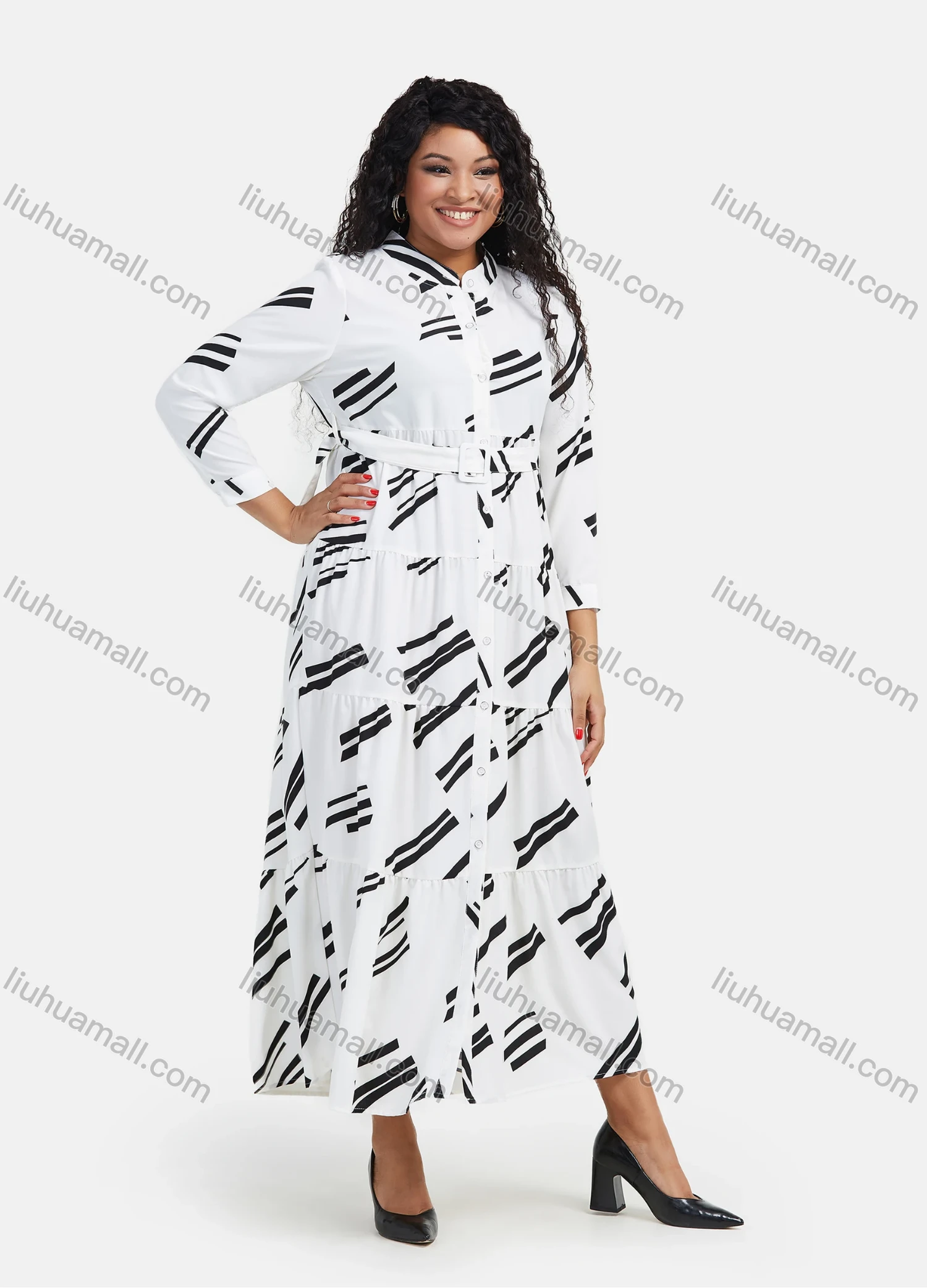 Wholesale Women's Abstract Print Button Down Flared Hem Maxi Casual Shirt Dress With Belt - Liuhuamall