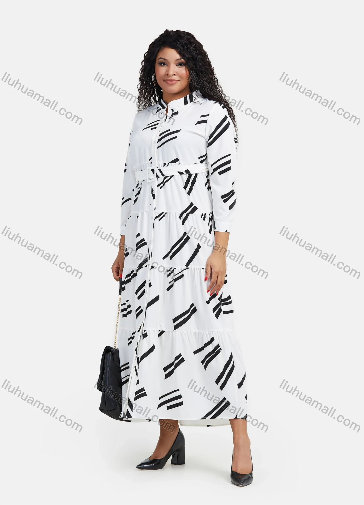 Wholesale Women's Abstract Print Button Down Flared Hem Maxi Casual Shirt Dress With Belt - Liuhuamall