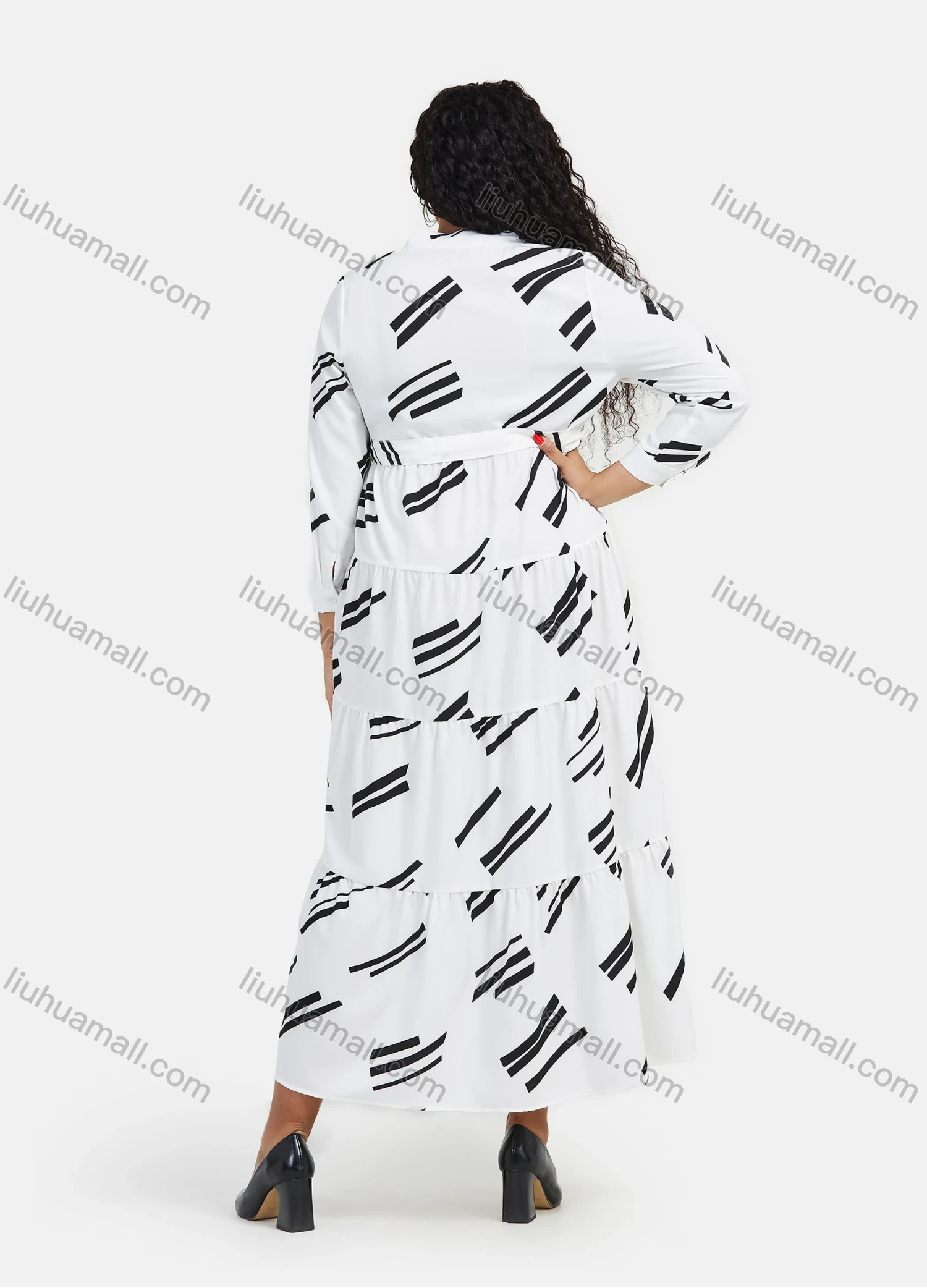 Wholesale Women's Abstract Print Button Down Flared Hem Maxi Casual Shirt Dress With Belt - Liuhuamall