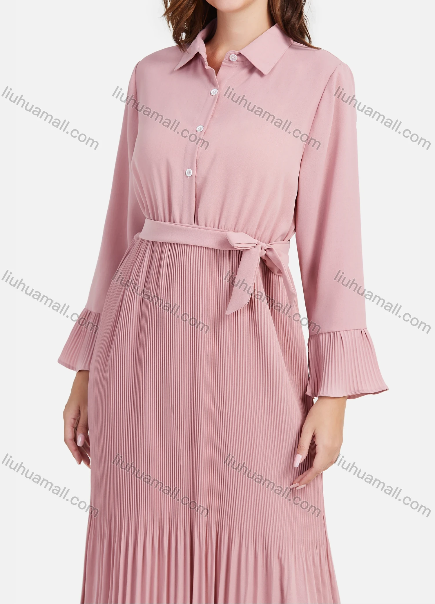 Wholesale Women's Casual Plain Button Down Pleated Maxi Shirt Dress With Belt - Liuhuamall