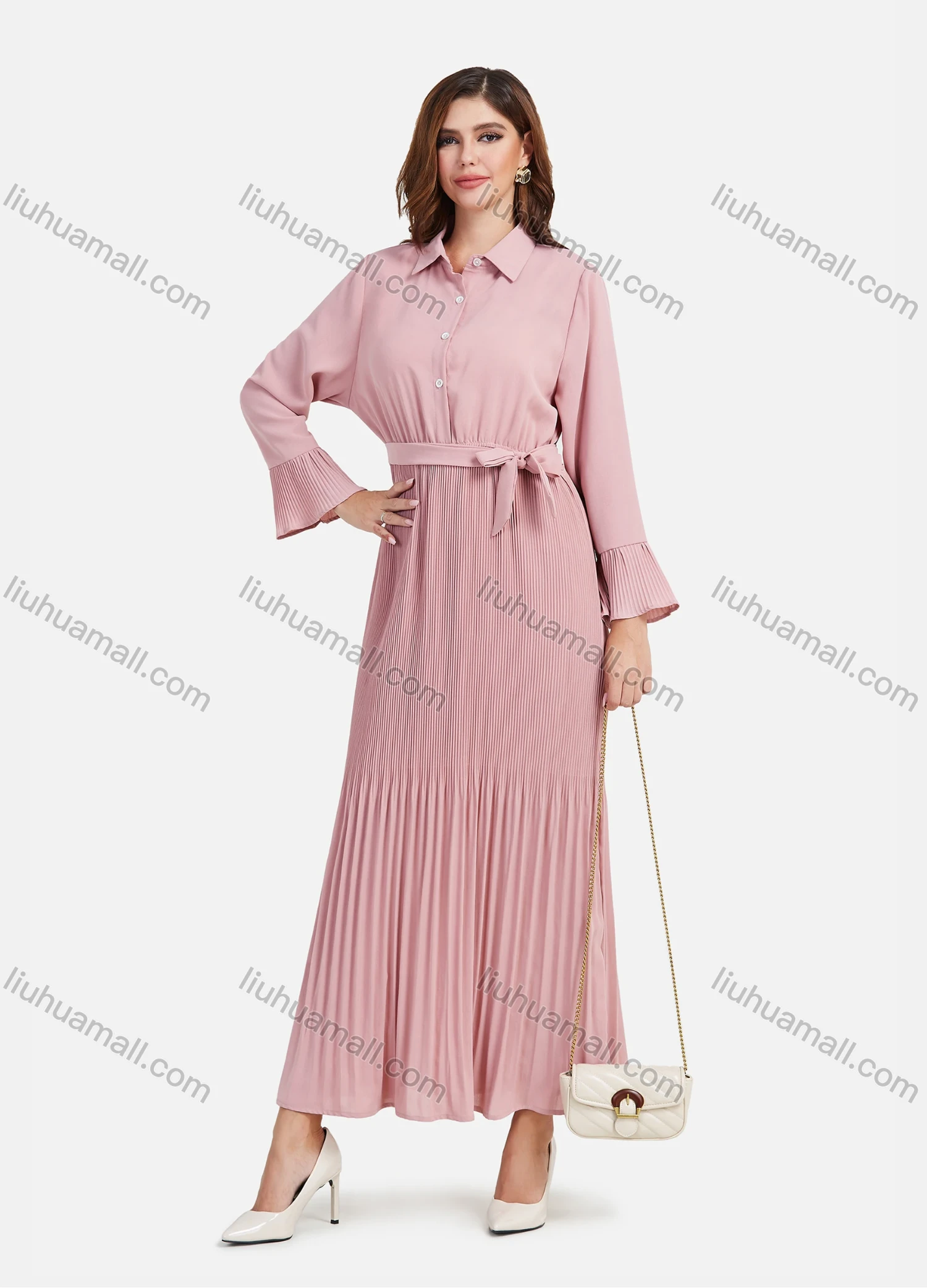 Wholesale Women's Casual Plain Button Down Pleated Maxi Shirt Dress With Belt - Liuhuamall