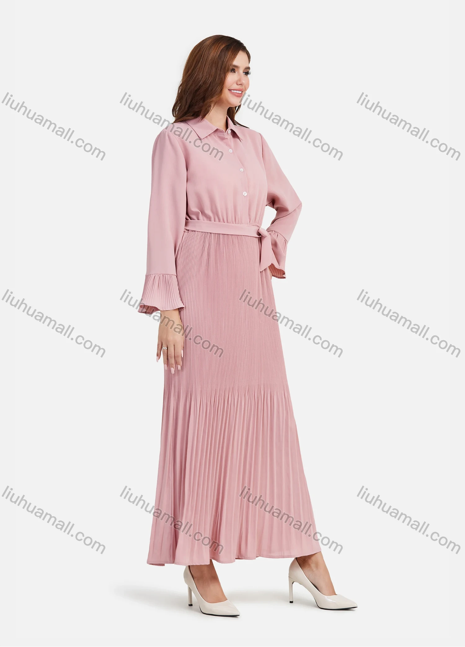 Wholesale Women's Casual Plain Button Down Pleated Maxi Shirt Dress With Belt - Liuhuamall