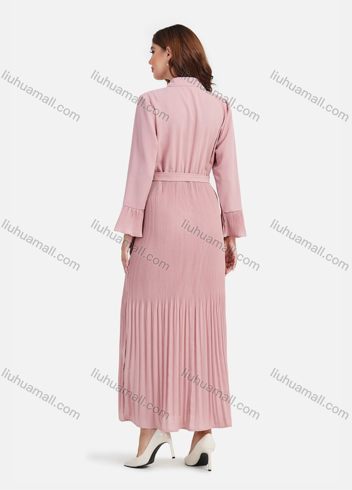 Wholesale Women's Casual Plain Button Down Pleated Maxi Shirt Dress With Belt - Liuhuamall