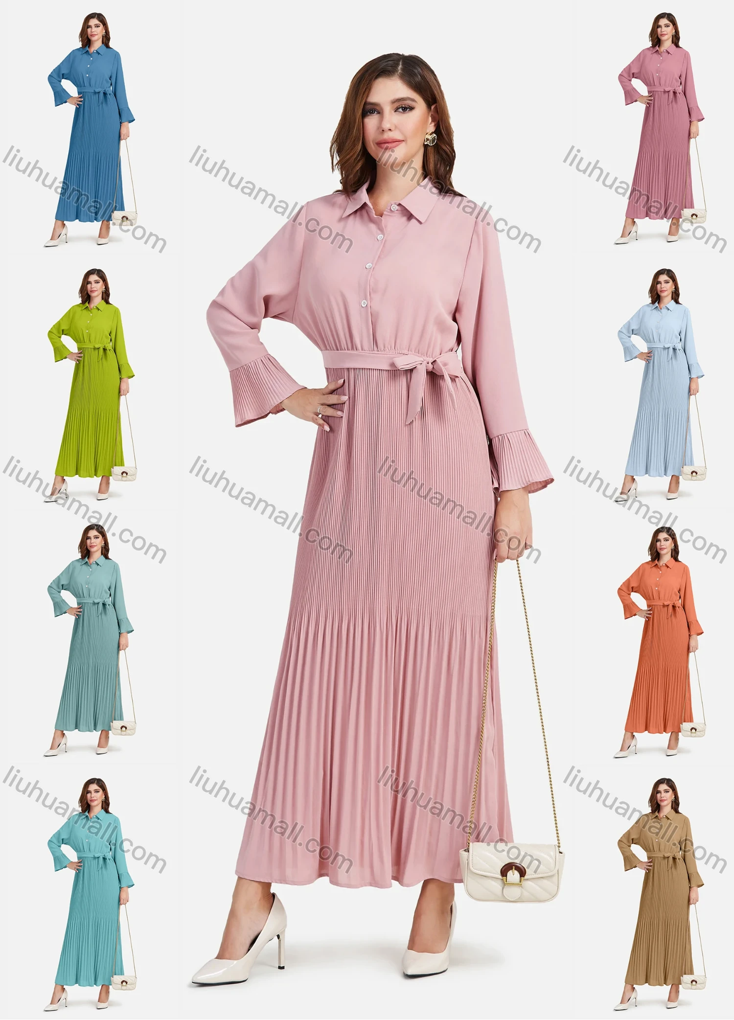 Wholesale Women's Casual Plain Button Down Pleated Maxi Shirt Dress With Belt - Liuhuamall