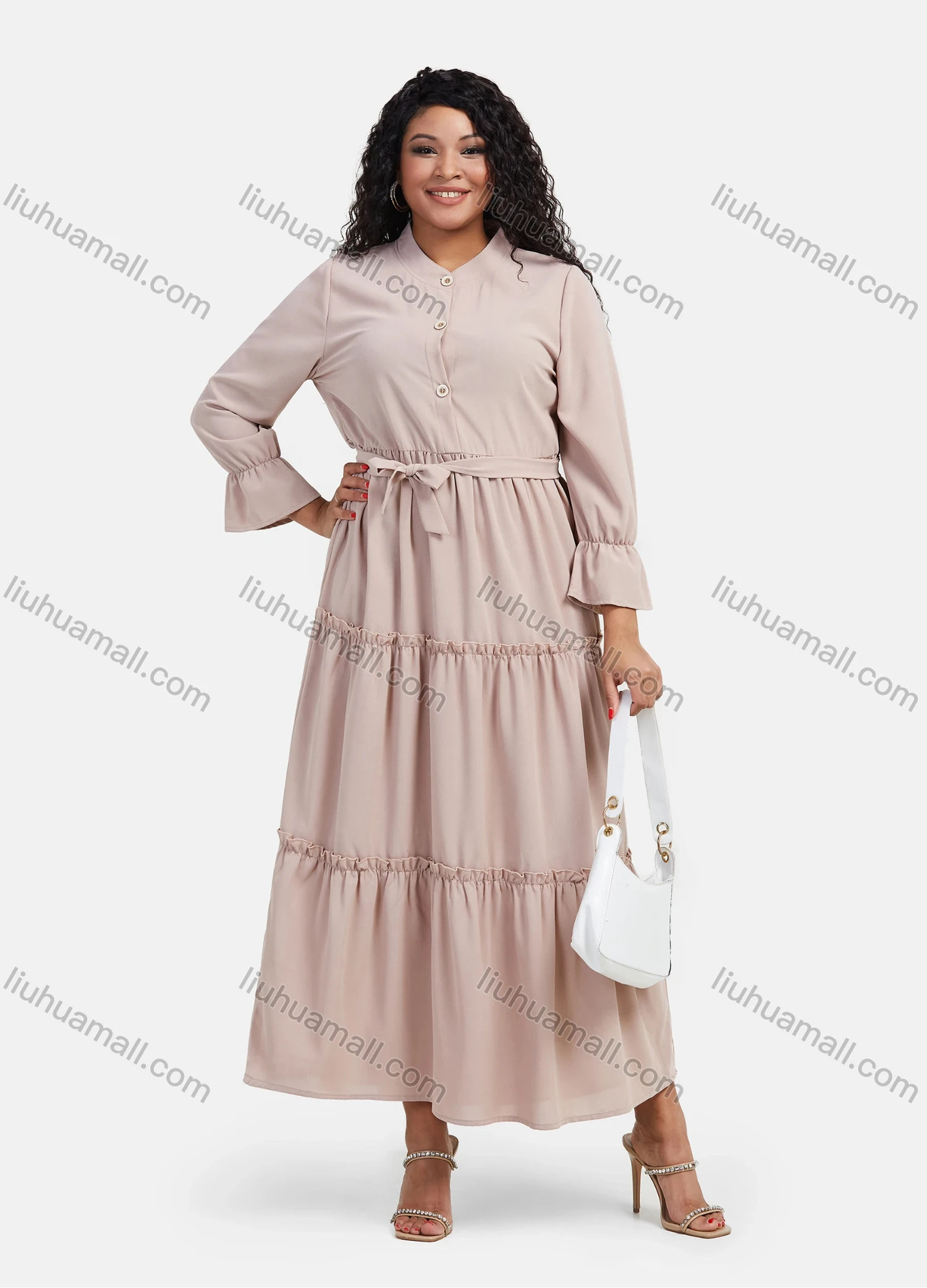 Wholesale Women's Casual Plain Button Front Long Sleeve Flared Hem Maxi Shirt Dress With Belt - Liuhuamall