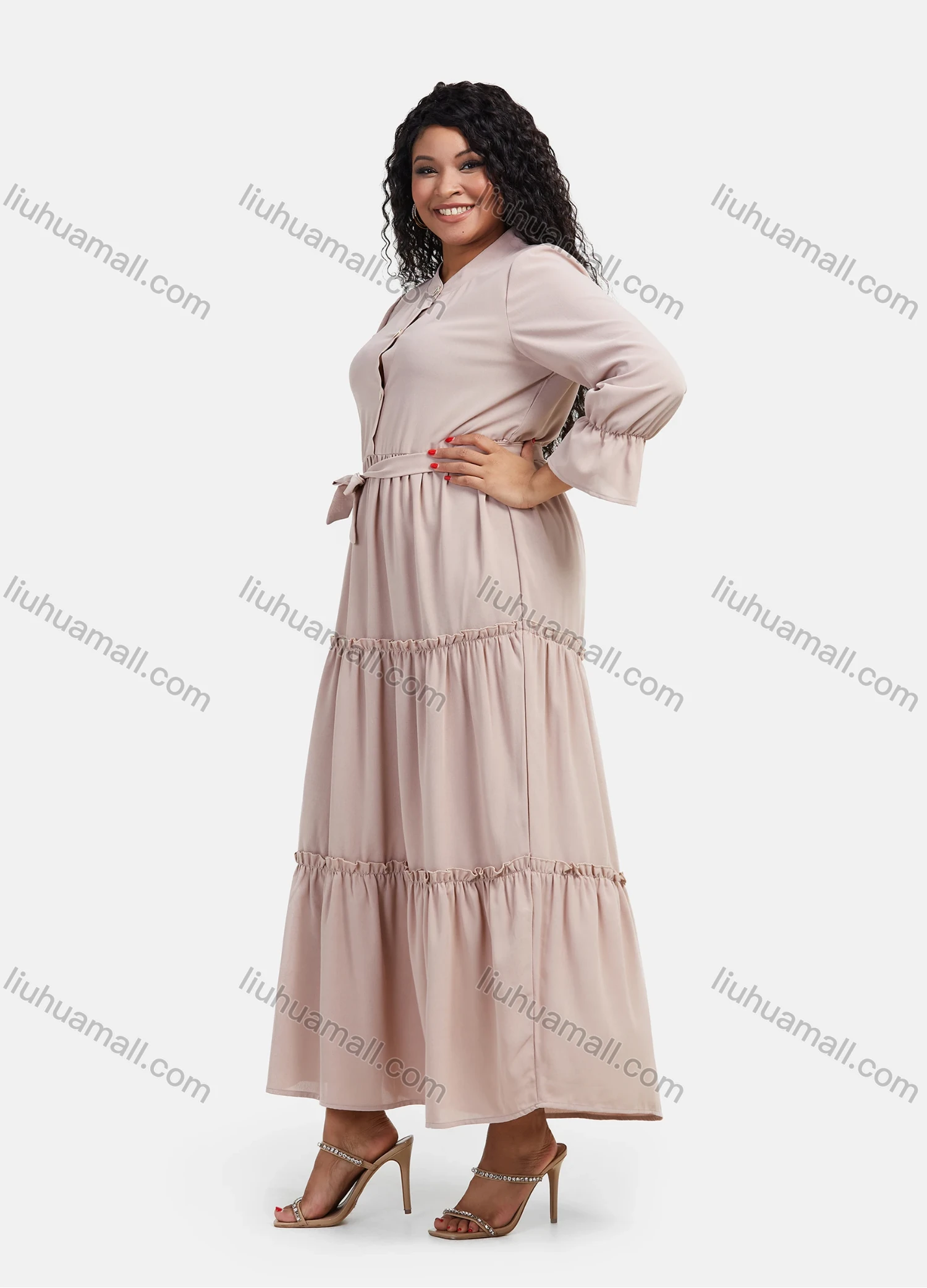 Wholesale Women's Casual Plain Button Front Long Sleeve Flared Hem Maxi Shirt Dress With Belt - Liuhuamall