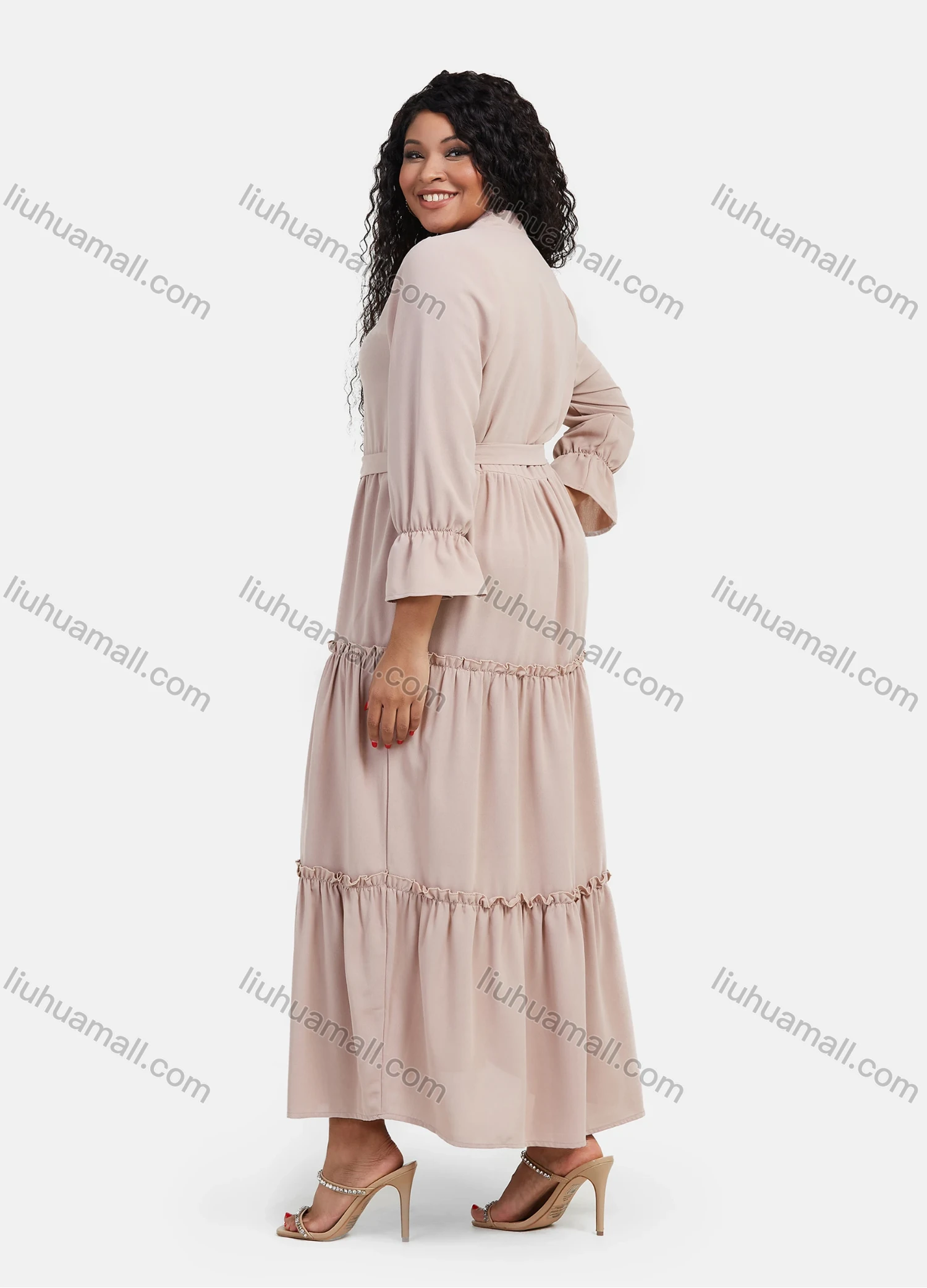 Wholesale Women's Casual Plain Button Front Long Sleeve Flared Hem Maxi Shirt Dress With Belt - Liuhuamall