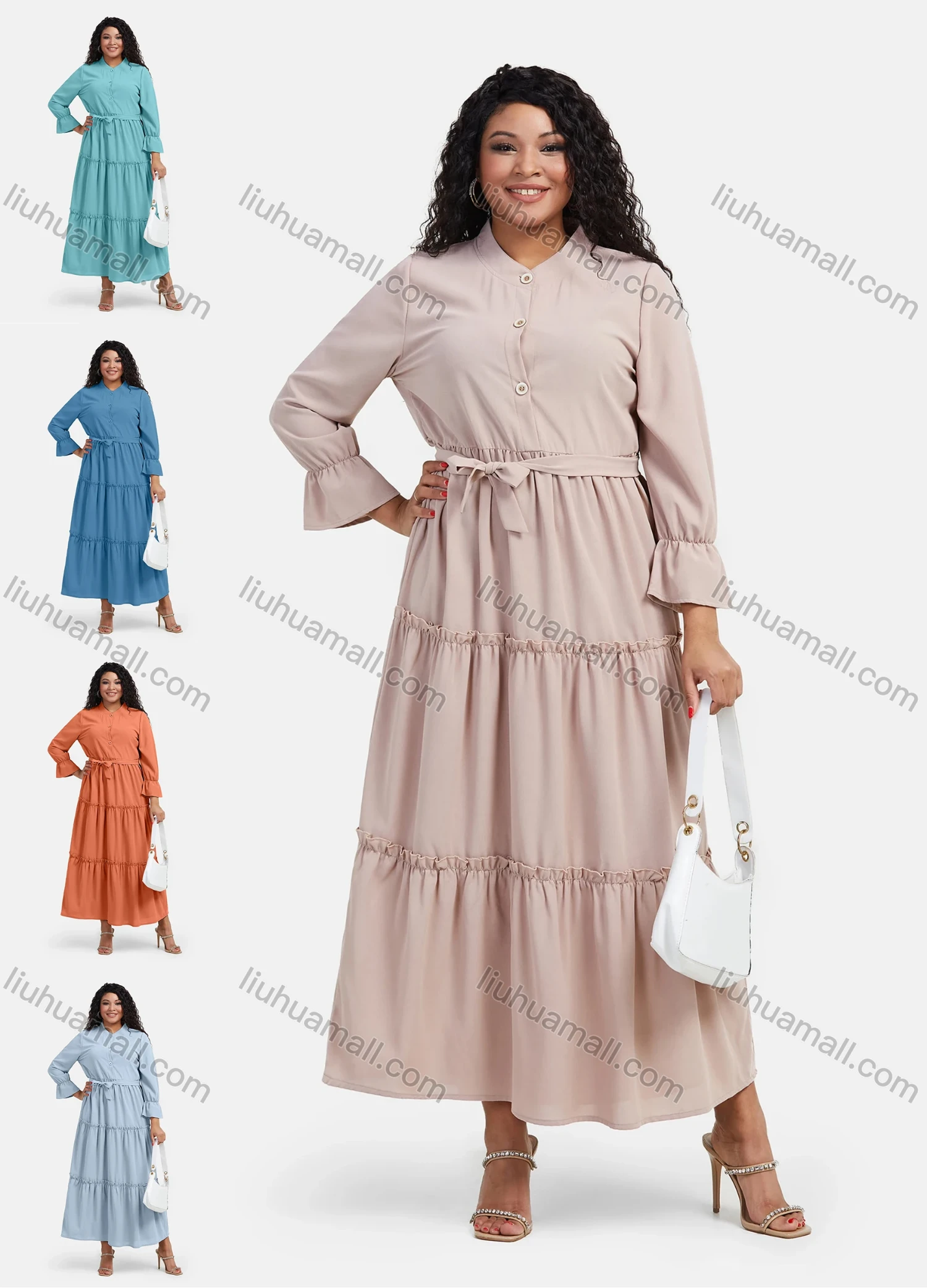 Wholesale Women's Casual Plain Button Front Long Sleeve Flared Hem Maxi Shirt Dress With Belt - Liuhuamall