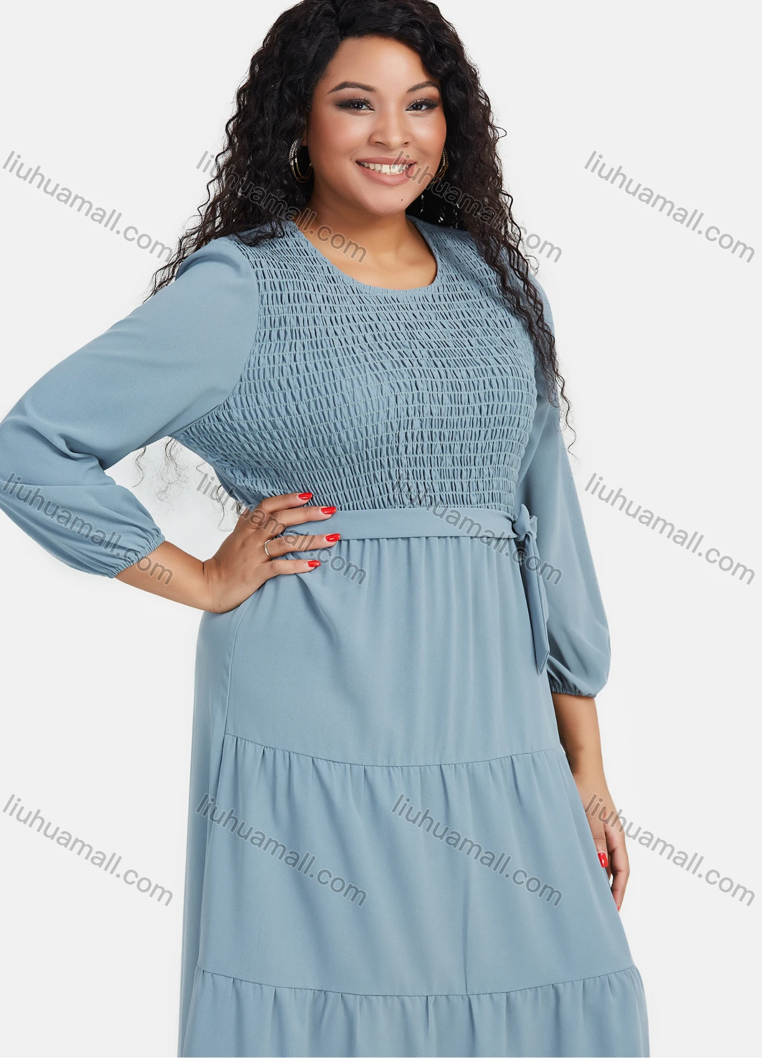 Wholesale Women's Casual Plain Round Neck Shirred Flared Hem Maxi Dress With Belt - Liuhuamall