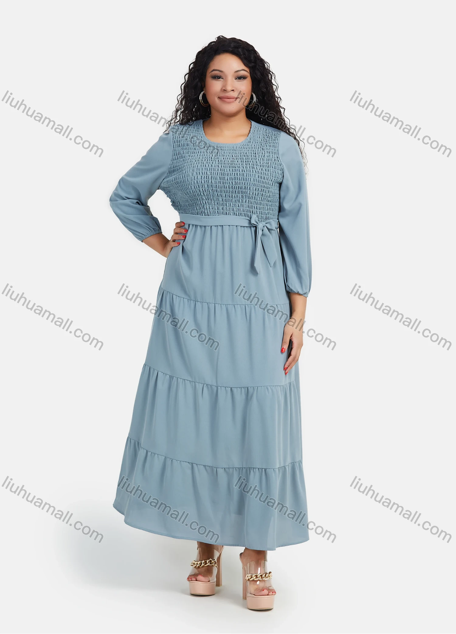 Wholesale Women's Casual Plain Round Neck Shirred Flared Hem Maxi Dress With Belt - Liuhuamall